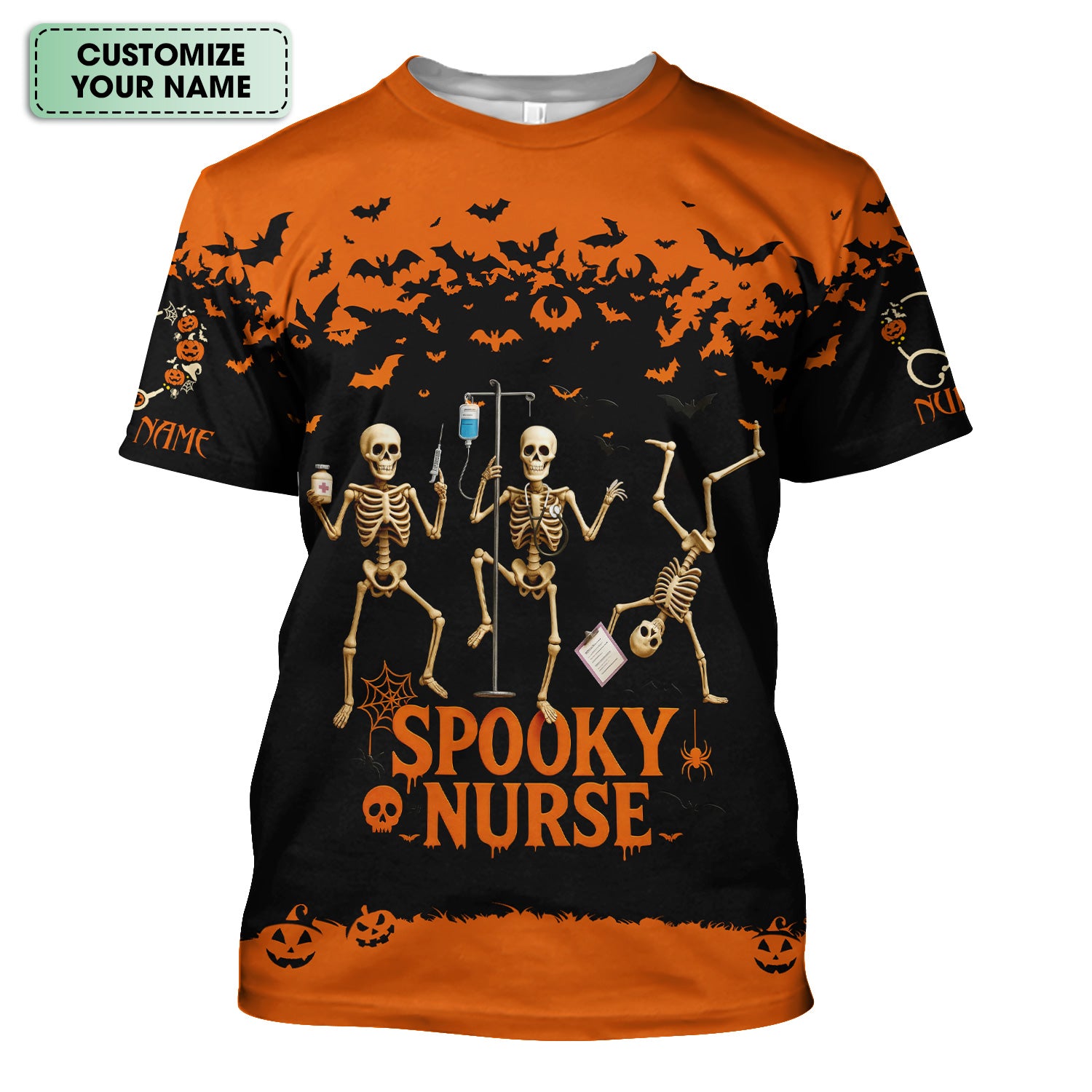 Spooky Nurse Halloween Shirt - Funny Skeleton Medical Scrub Top for RN CNA - Custom Name All Over Print Gift for Nurses