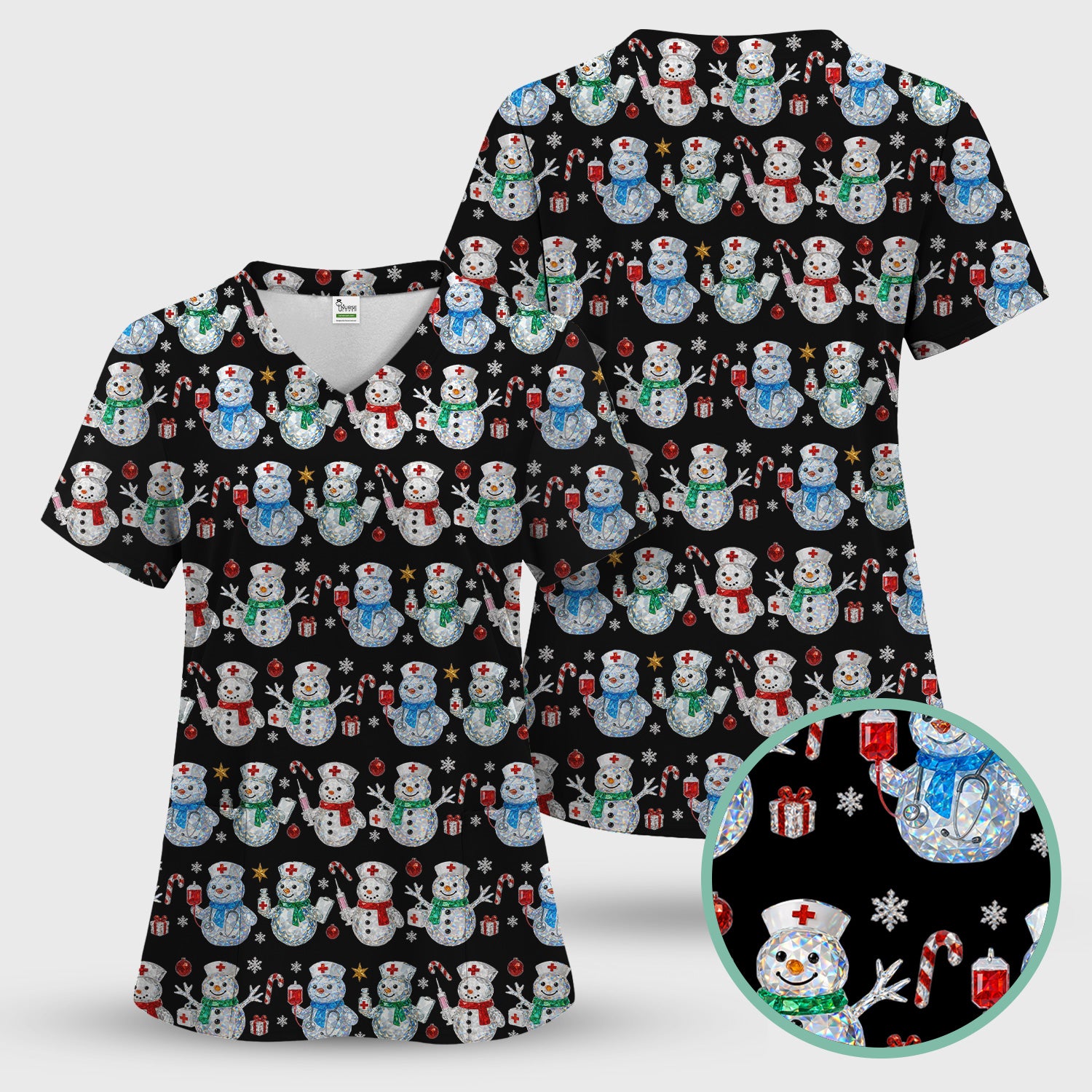 Nurse Snowman Christmas Scrub Top, Cute Holiday Medical Pattern Shirt For Women, Winter Snowflake Nursing Uniform