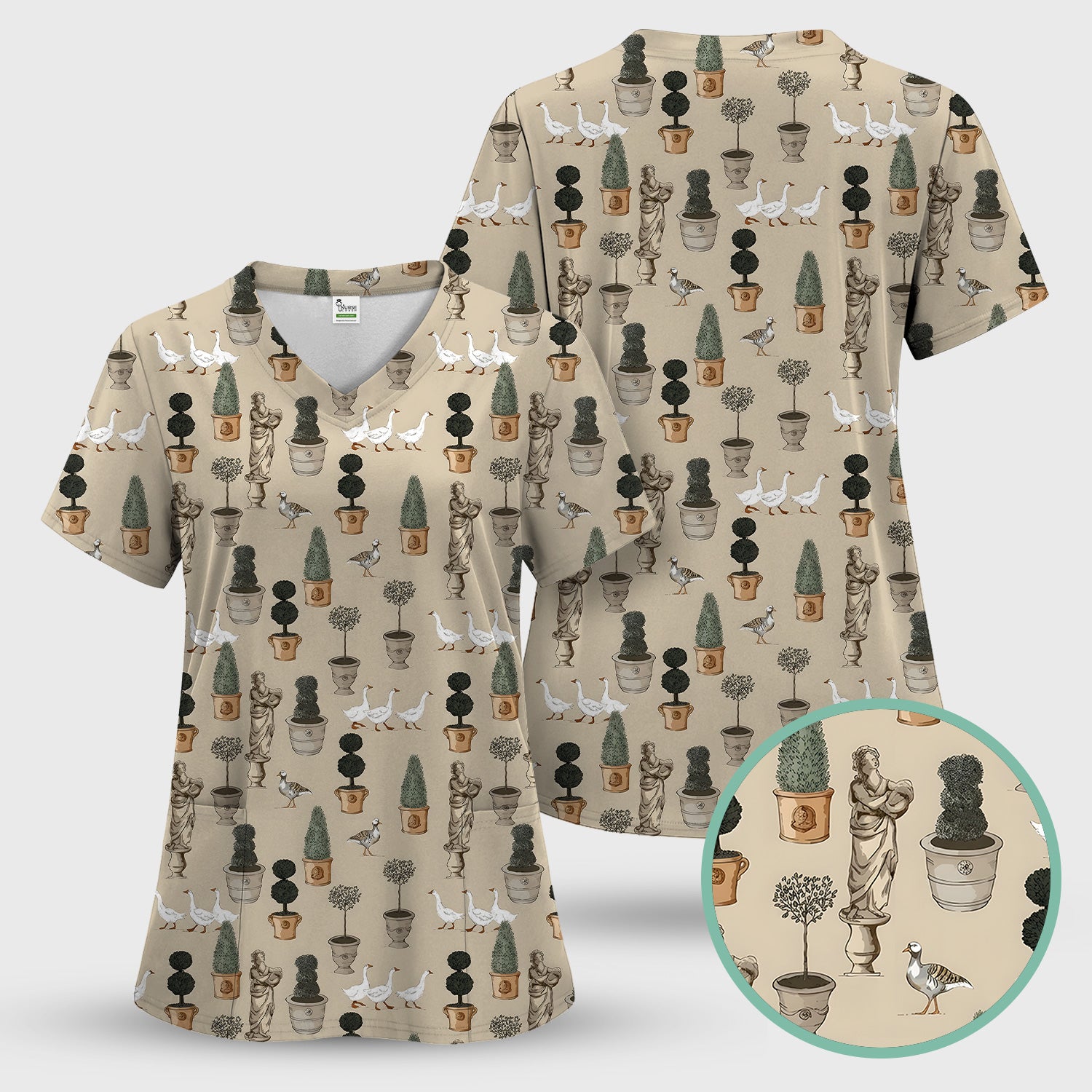 Vintage Garden Statue Topiary Goose Bird Pattern Scrub Top, Comfortable Scrubs for Nurses
