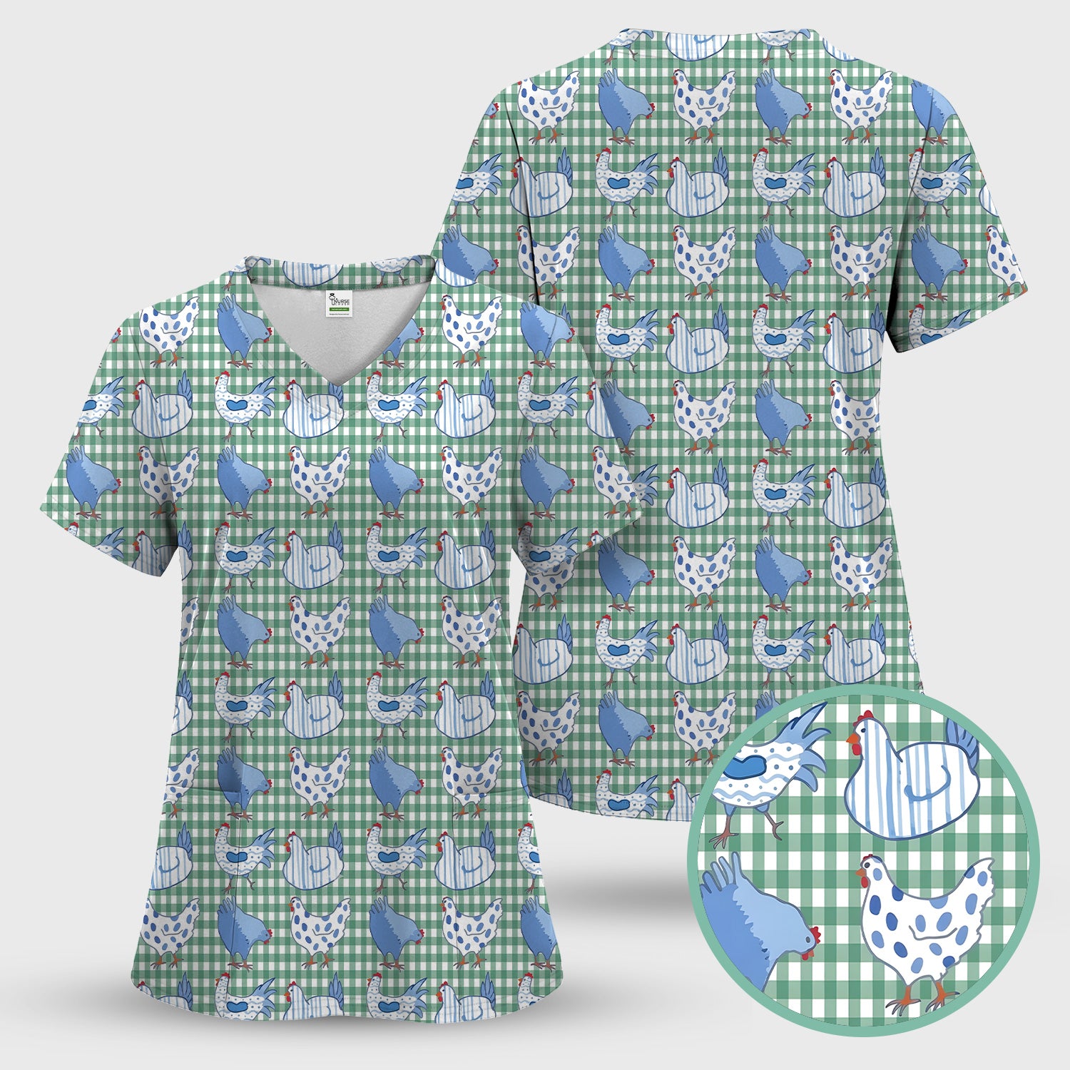 Blue Chicken Gingham Pattern Scrub Top, Comfortable Scrubs for Nurses