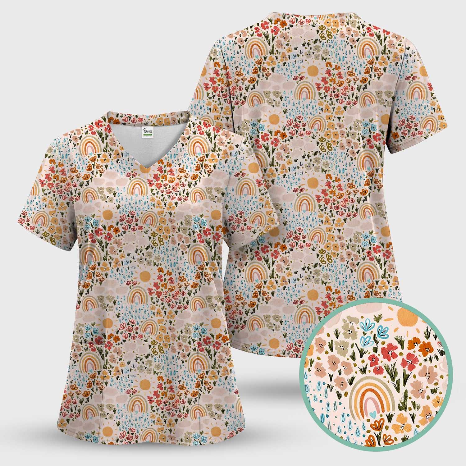 Cute Wildflower Meadow With Rainbow Sun And Raindrops Scrub Set, Scrub Pants and V Neck Top
