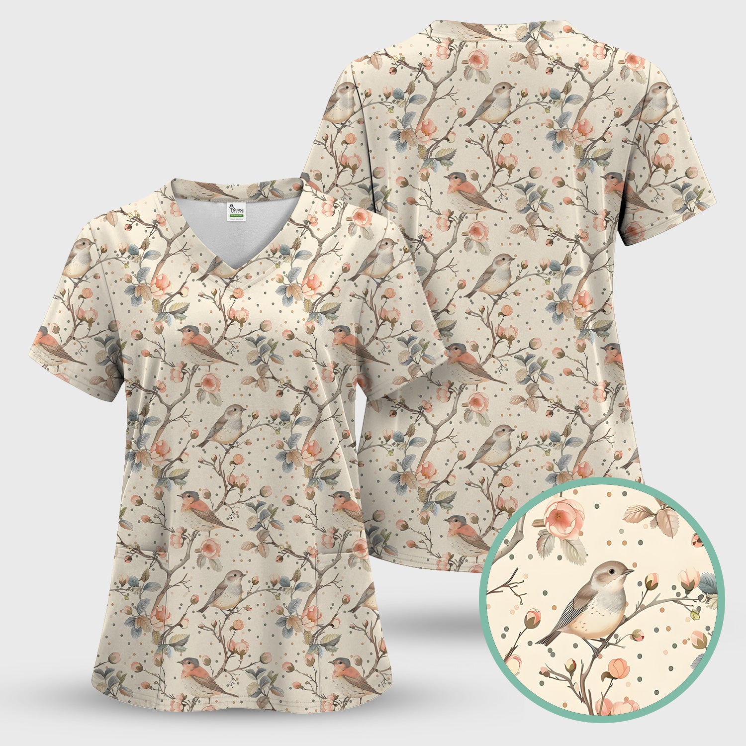 Vintage Bird Floral Branch Print Scrub Set, Scrub Pants and V Neck Top