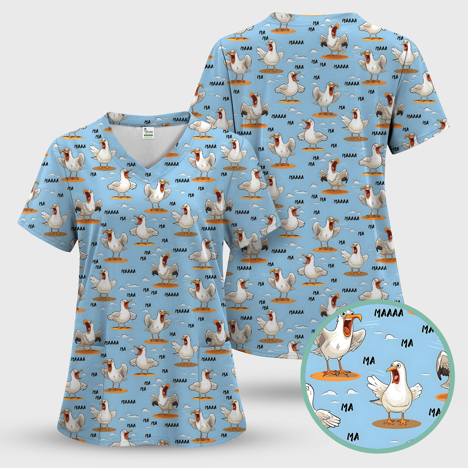 Funny Screaming Seagull Sky Pattern Scrub Set, Scrub Pants and V Neck Top