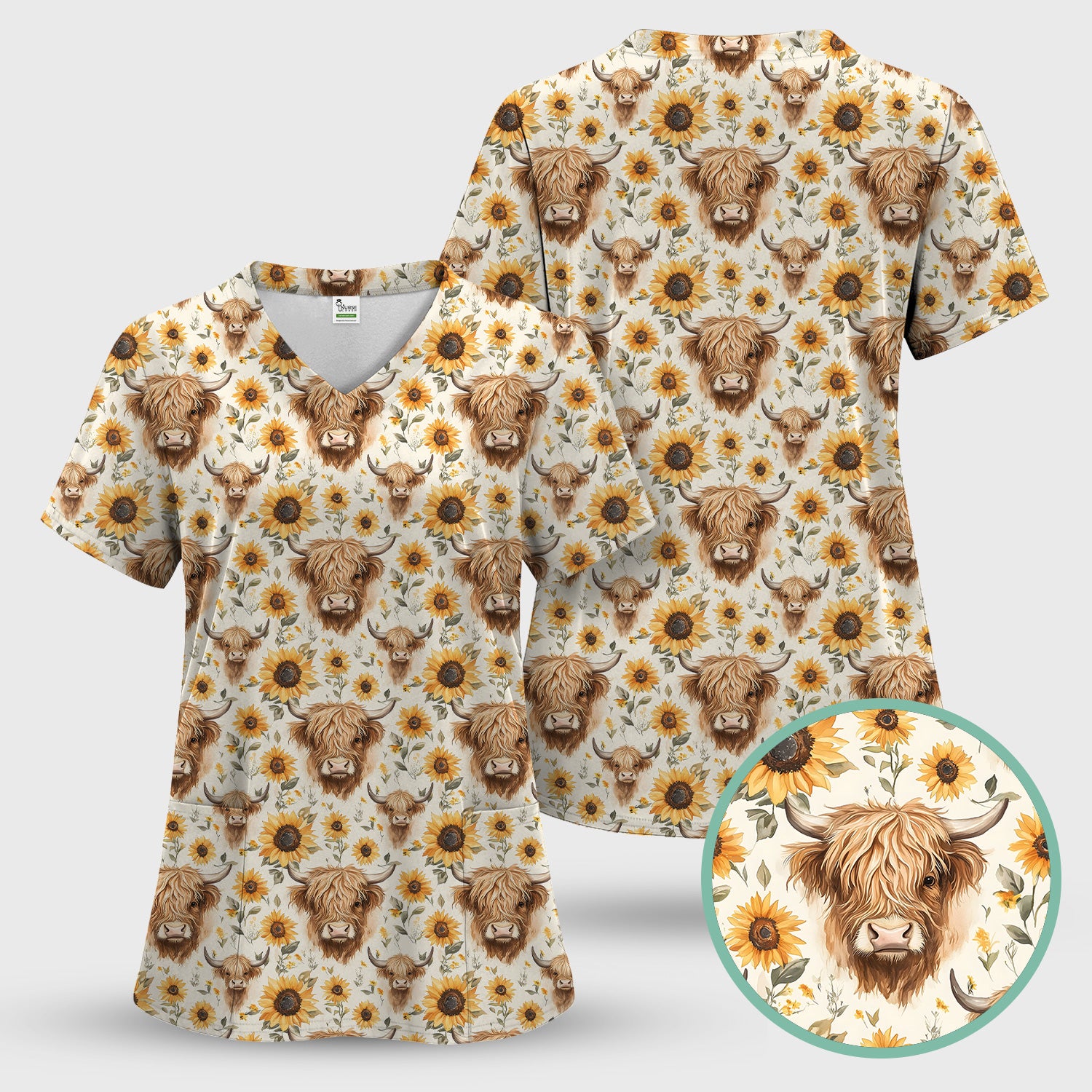 Highland Cow Sunflower Scrub Top, Rustic Farmhouse Nursing Uniform