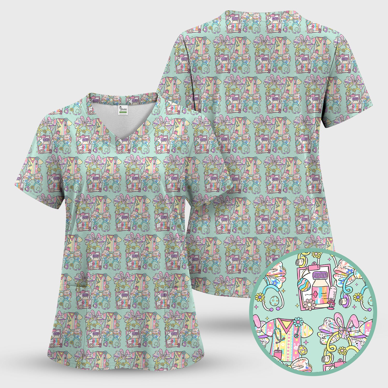 Colorful Nurse Scrub Supplies Pattern Scrub Top, Breathable Fabrics Nursing Uniform