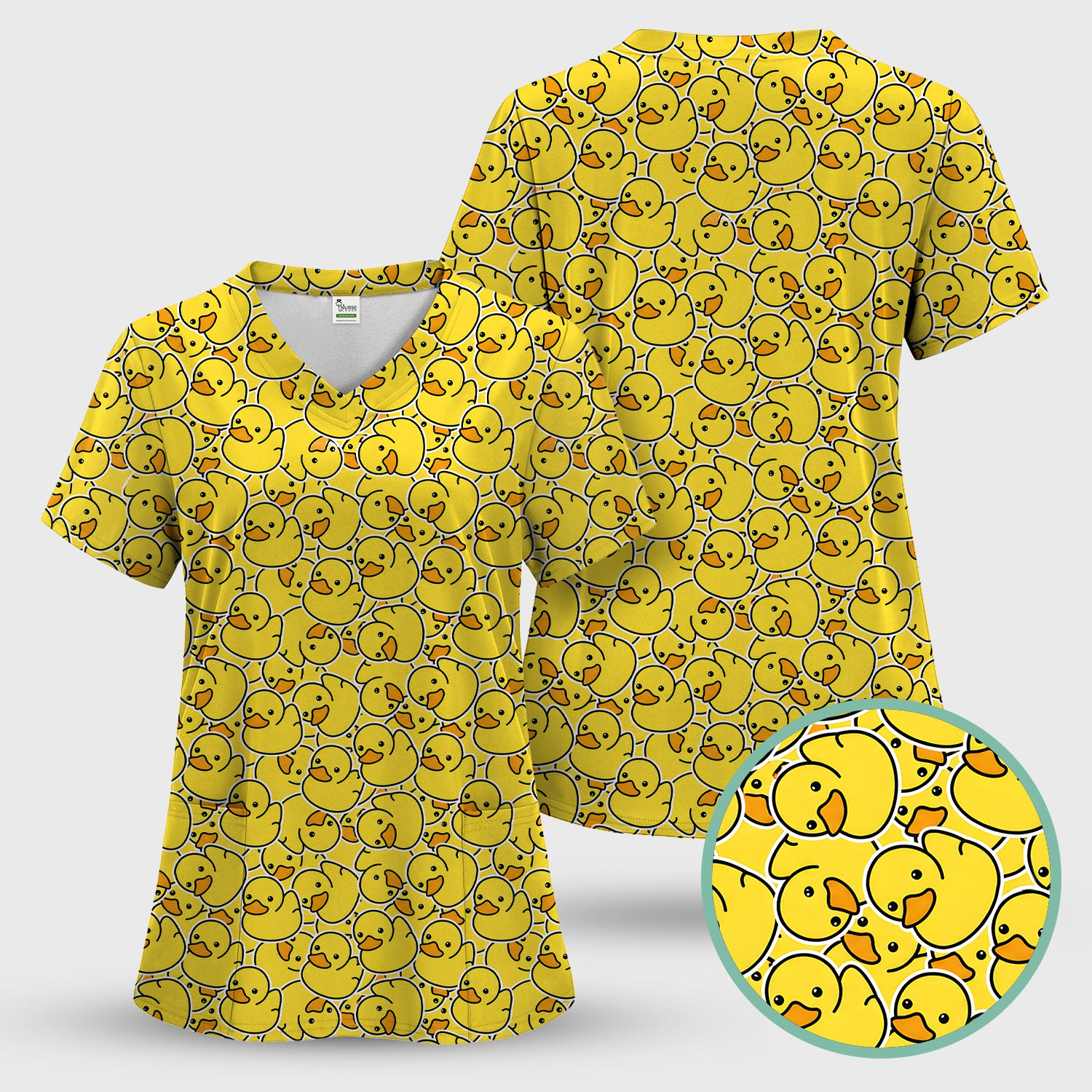 Yellow Rubber Duck Pattern Scrub Top, Comfortable Scrubs for Nurses