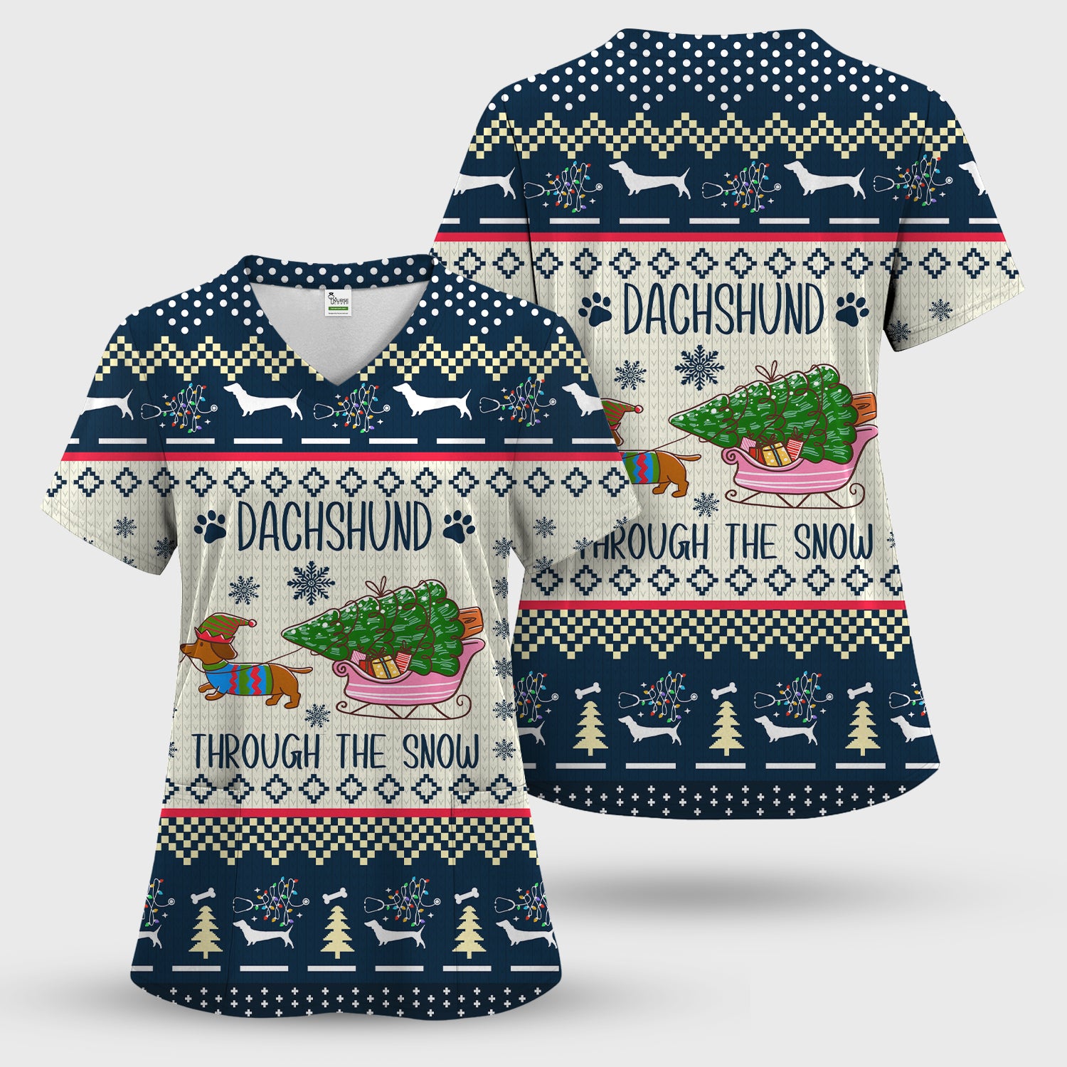 Christmas Dachshund Scrub Top, Cute Wiener Dog Holiday Medical Uniform, Funny “Dachshund Through The Snow” Scrubs For Nurse Or Dog Lover