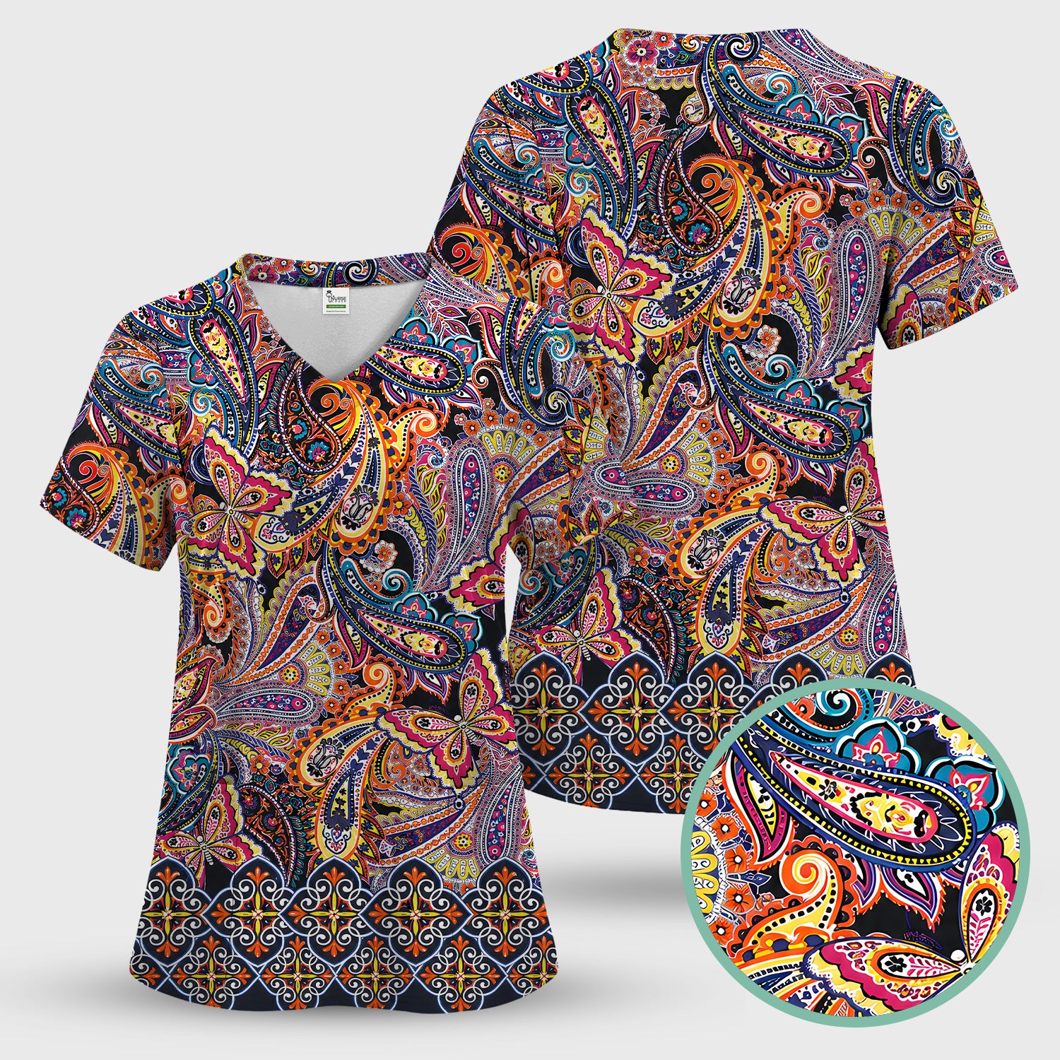 Colorful Bohemian Paisley Floral Pattern Scrub Top, Comfortable Scrubs for Nurses