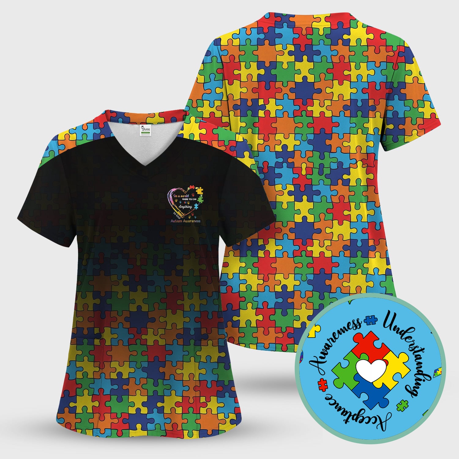 Autism Awareness Nurse Scrub Top, Puzzle Heart Print Full Design, Gift for Nurse