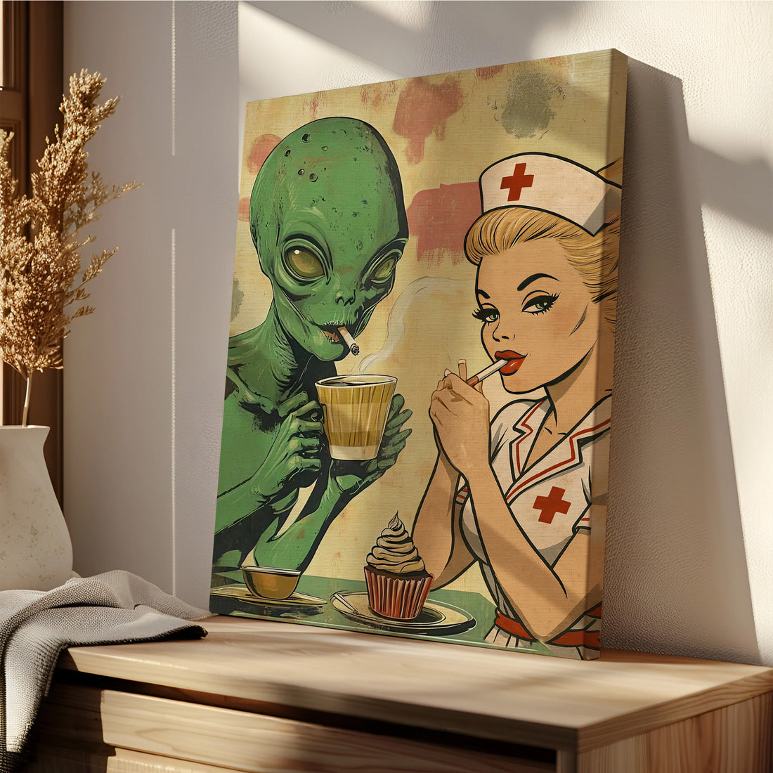 Funny Vintage Nurse & Alien Canvas, Retro Pop Art Smoking & Coffee Time Wall Art, RN LPN CNA Gift