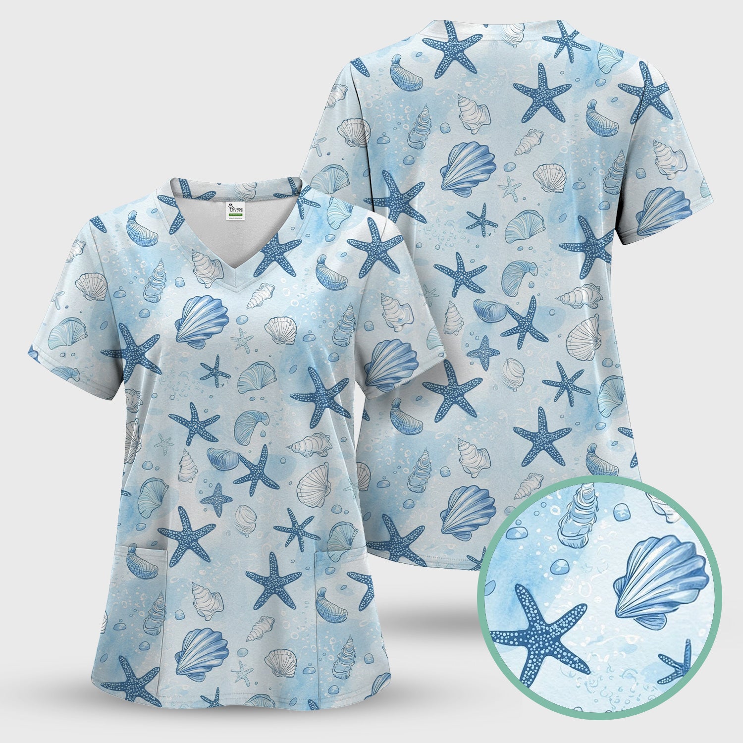 Blue Sea Shells Starfish Pattern Scrubs Top, Comfortable Scrubs for Nurses