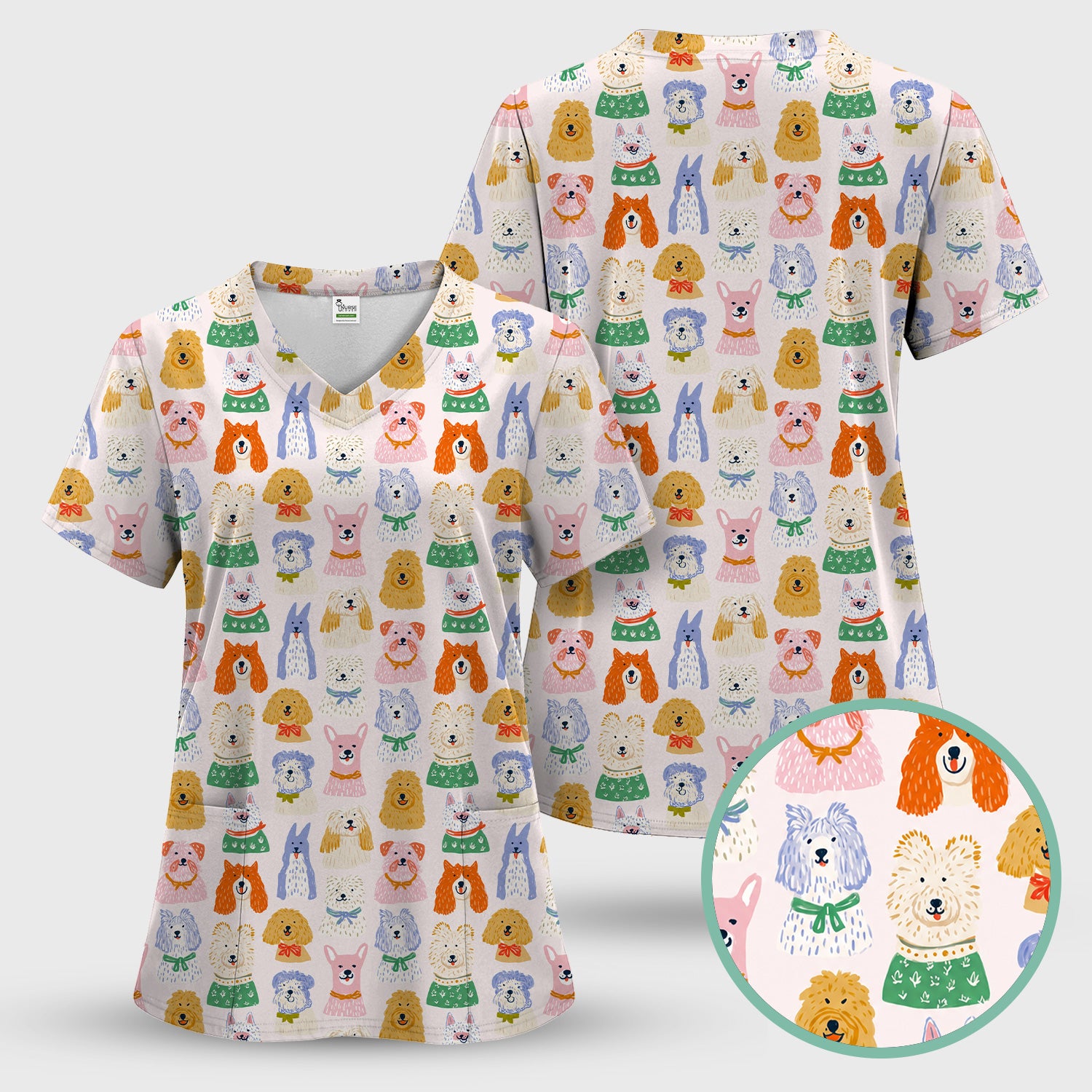Colorful Dog Faces Cartoon Pattern Scrub Set, Scrub Pants and V Neck Top