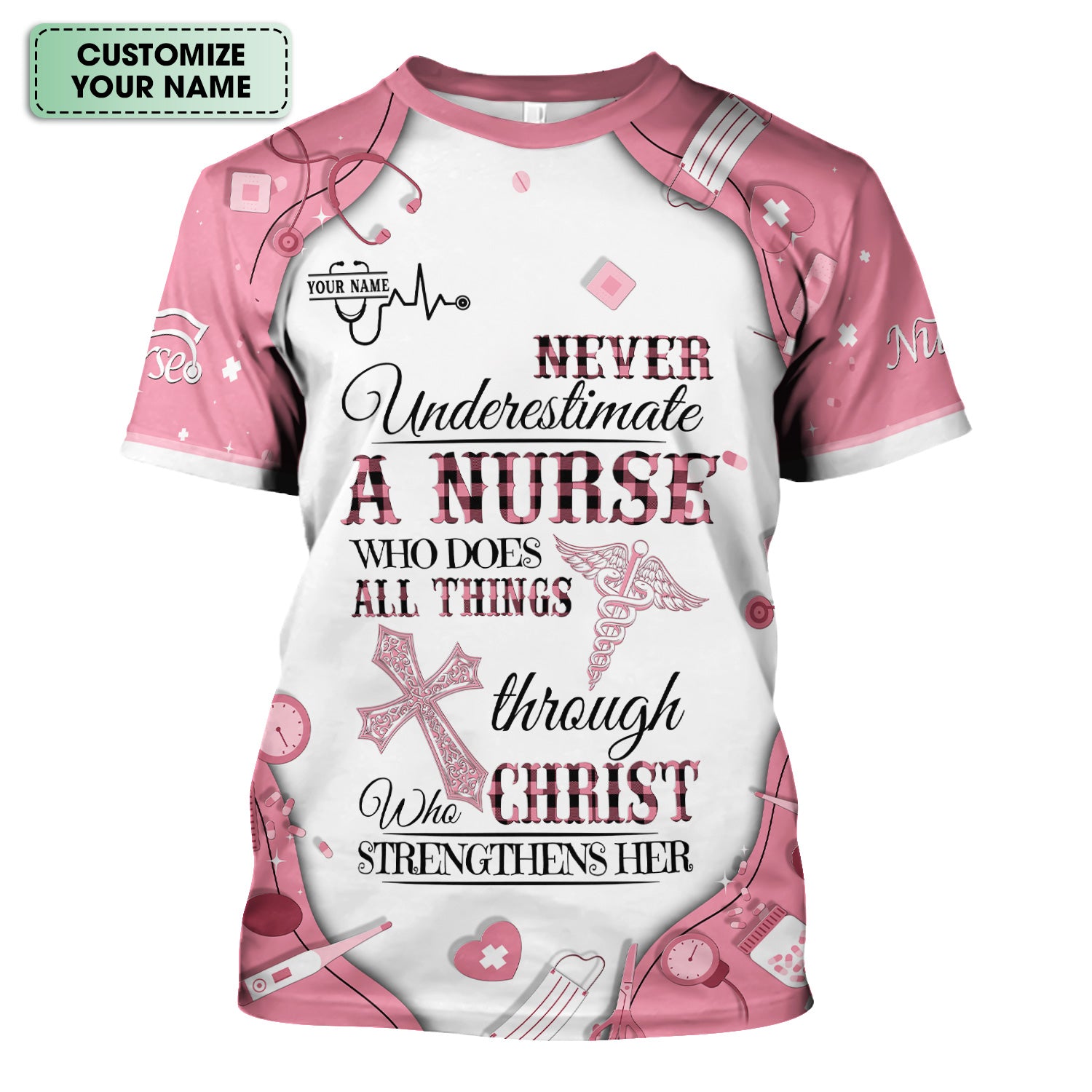 Faith-Based Personalized Nursing Scrub for Women - Bible Verse All Things Through Christ - Gift for RN, LPN, CNA Healthcare Professionals