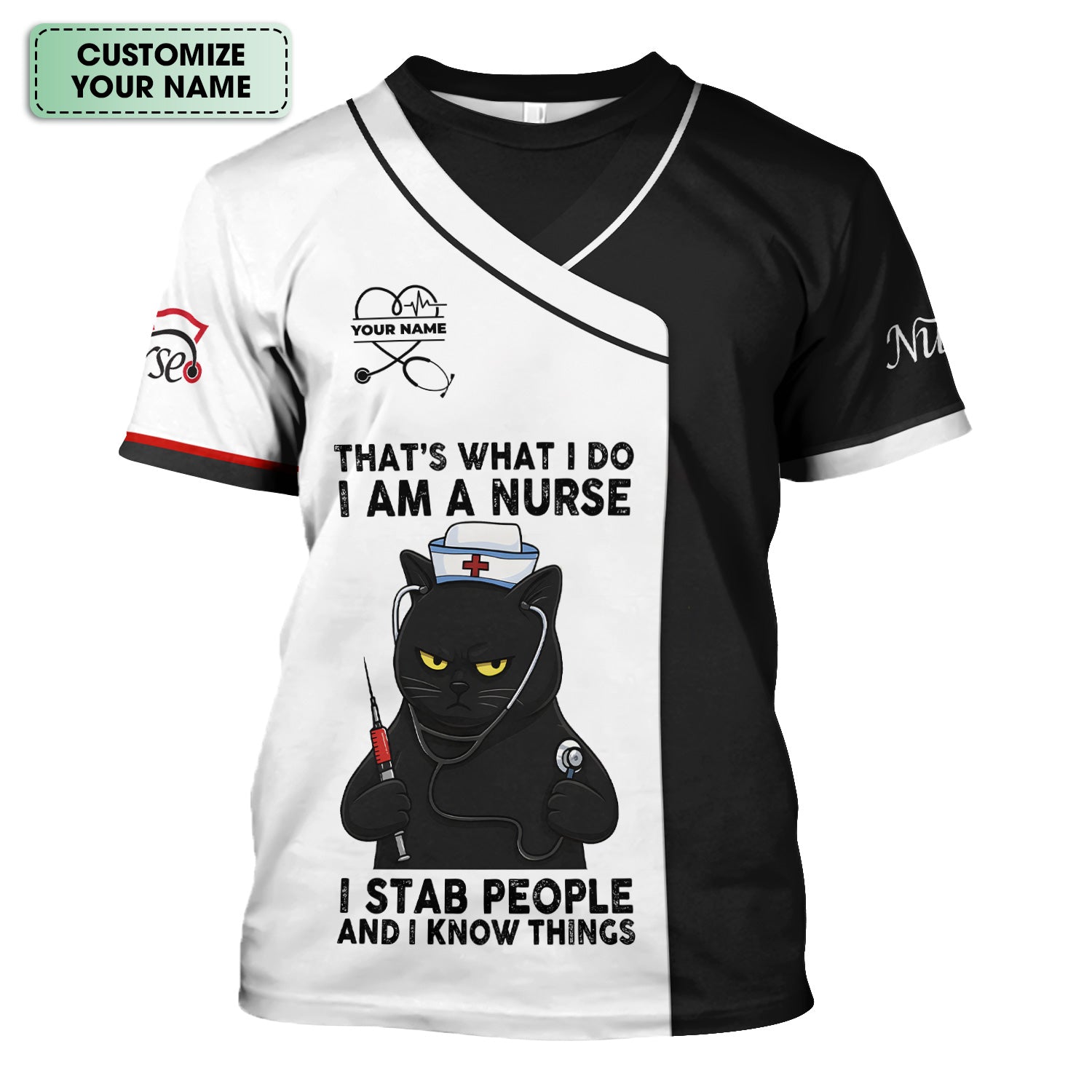 Custom Name Funny Nurse Scrub Top - I Stab People And I Know Things Sarcastic Quote - Gift for Women RN LPN & Healthcare Workers
