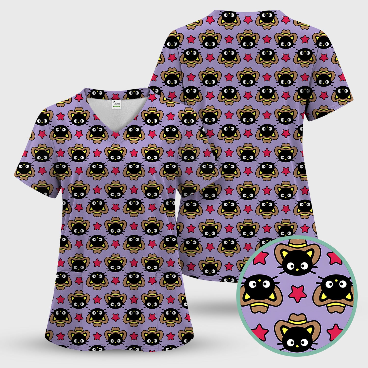 Cute Cartoon Cowboy Cat PatternScrub Top, Comfortable Scrubs for Nurses