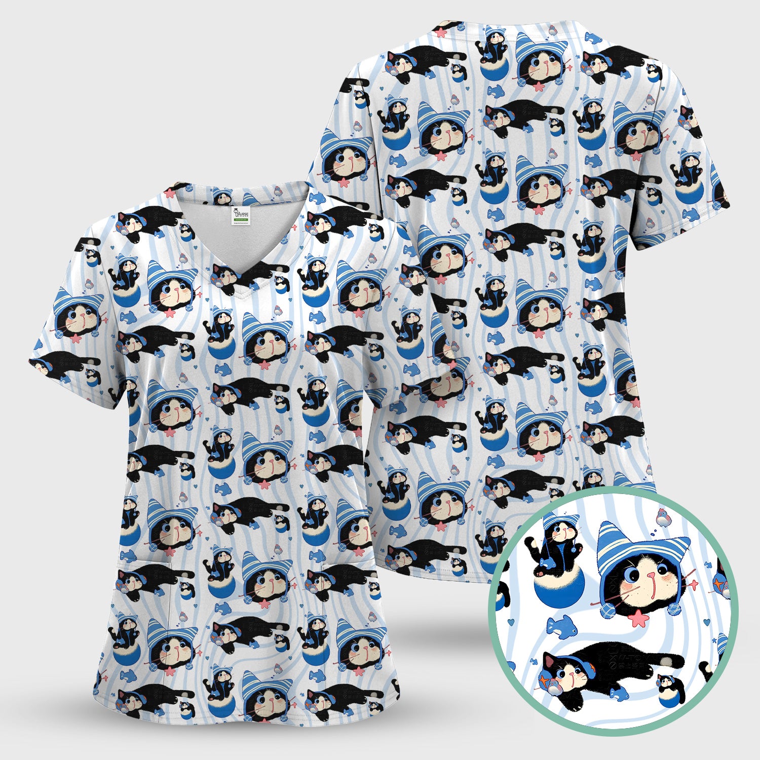 Charming Kitten Fish Pattern Scrub Set, Scrub Pants and V Neck Top