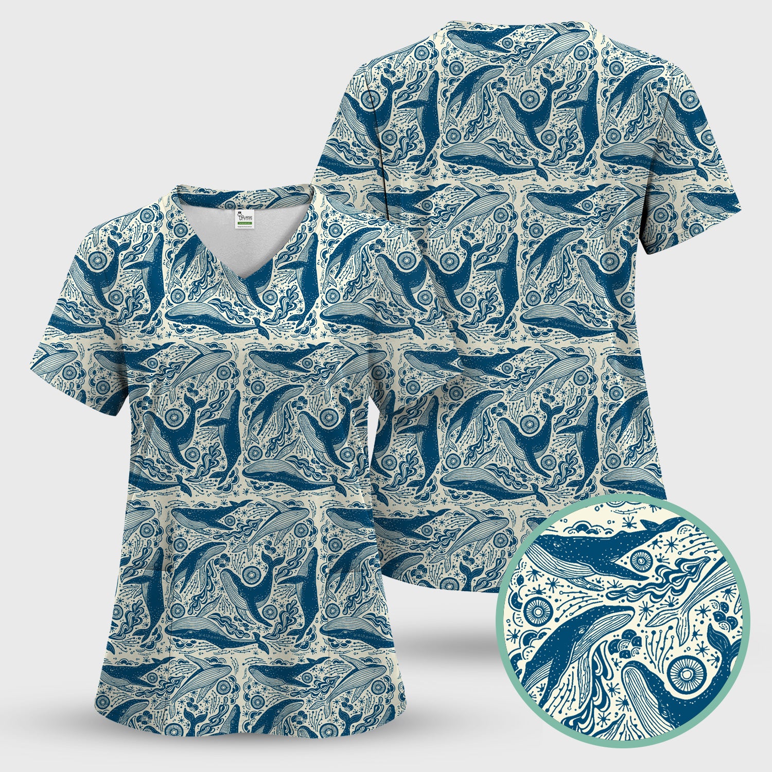Blue Whale Ocean Pattern Scrub Top, Breathable Fabrics Nursing Uniform