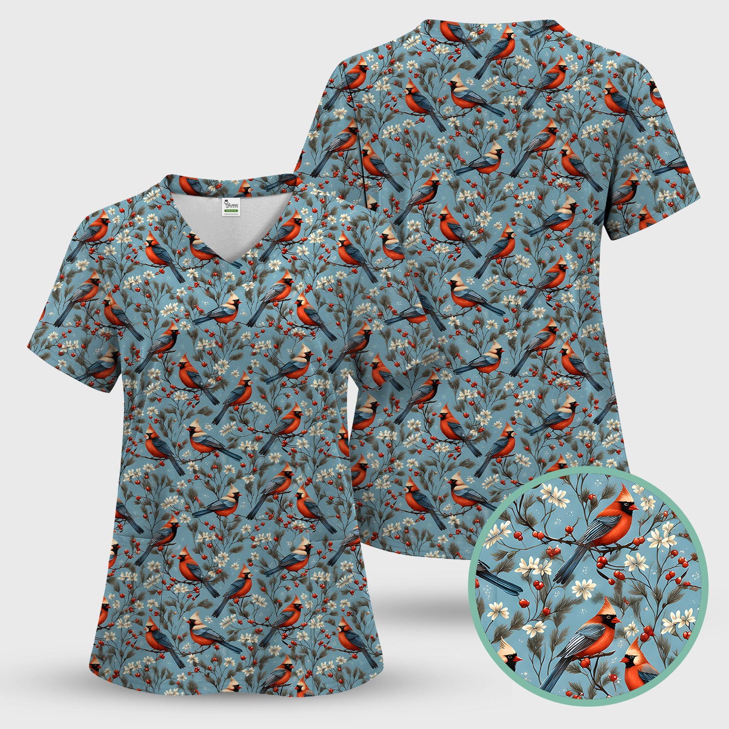 Cute Cardinal Berry Blossom Pattern Scrub Top, Comfortable Scrubs for Nurses