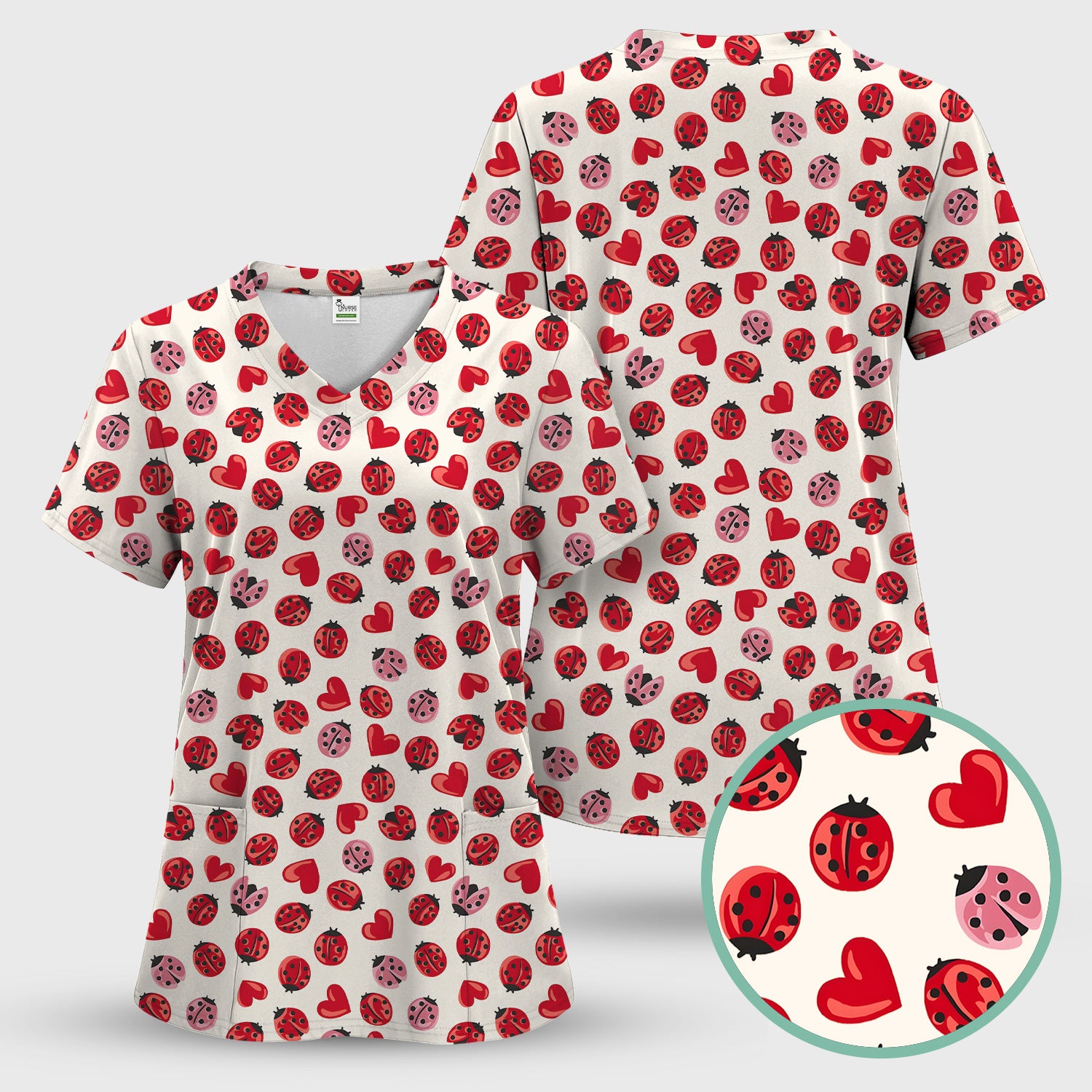 Cute Ladybug and Red Heart All Over Print Scrub Top, Comfortable Scrubs for Nurses
