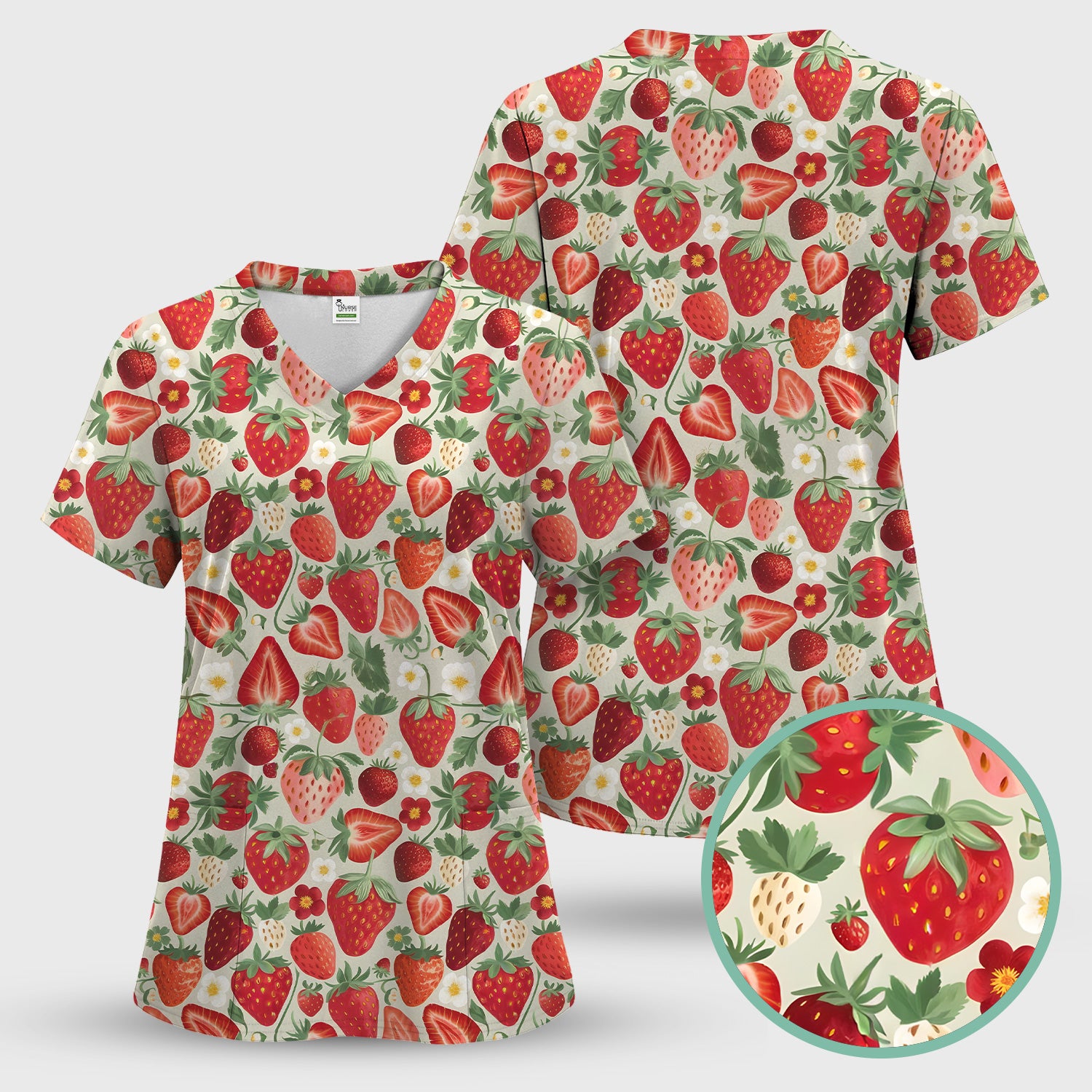 Fresh Strawberry Patter Leaves Scrub Sets, Scrub Pants and V Neck Top