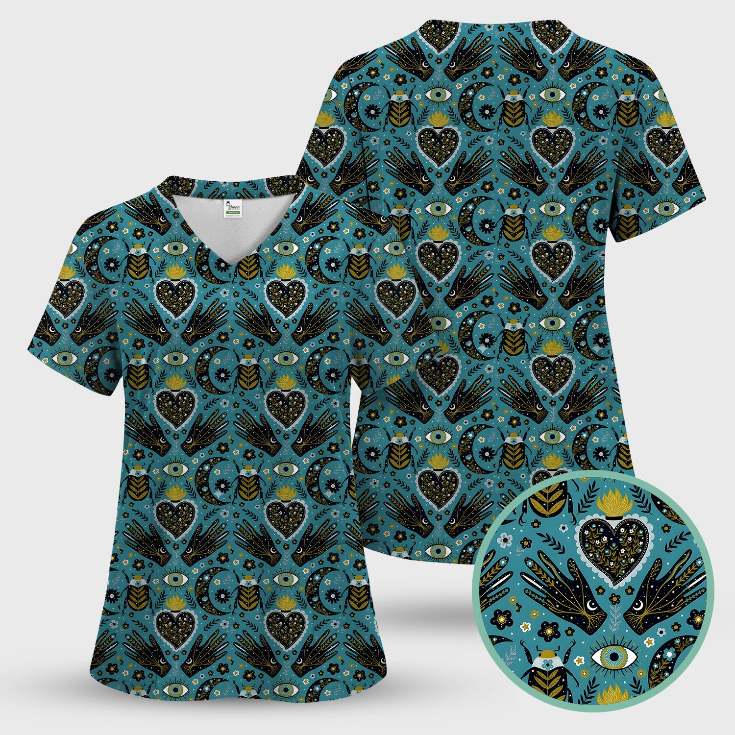 Mystic Celestial Heart & Evil Eye Pattern Scrub Set, Scrub Pants and V Neck Top