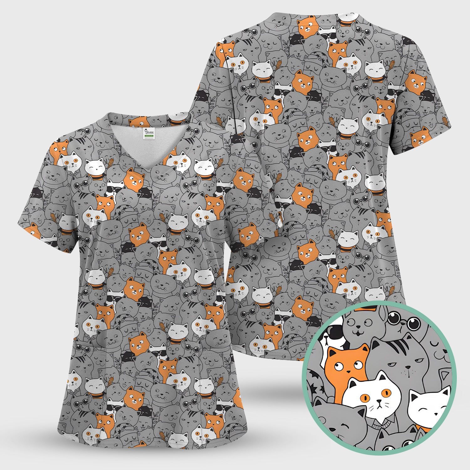 Funny Cats Cute Expressions Pattern Scrubs Top, Comfortable Scrubs for Nurses