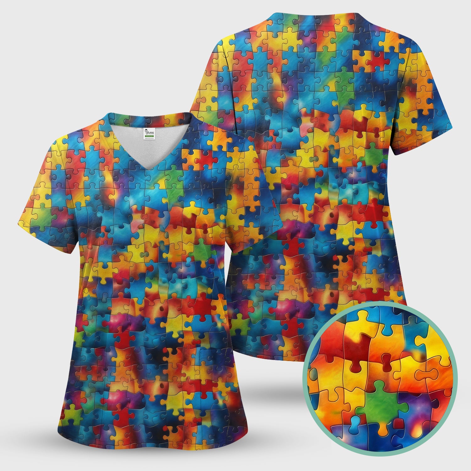 Bright Rainbow Puzzle Piece Art Scrub Set, Scrub Pants and V Neck Top