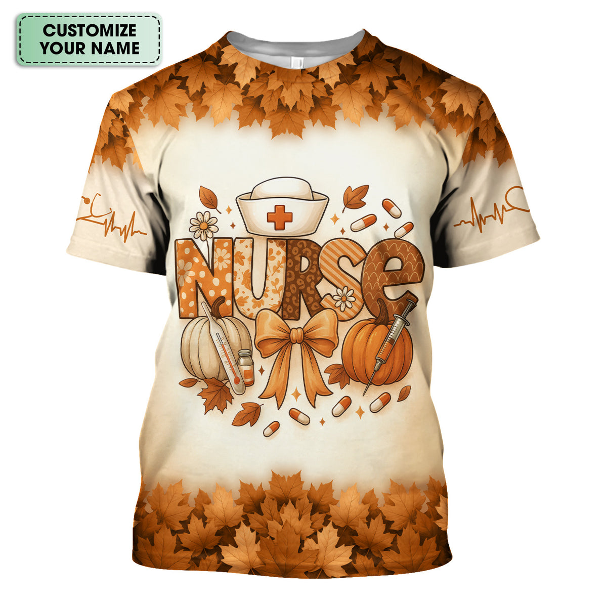 Fall Leaves Nurse Scrub Top with Pumpkins - Personalized Autumn Shirt with Custom Name - Cute Thanksgiving Gift for RN CNA LPN