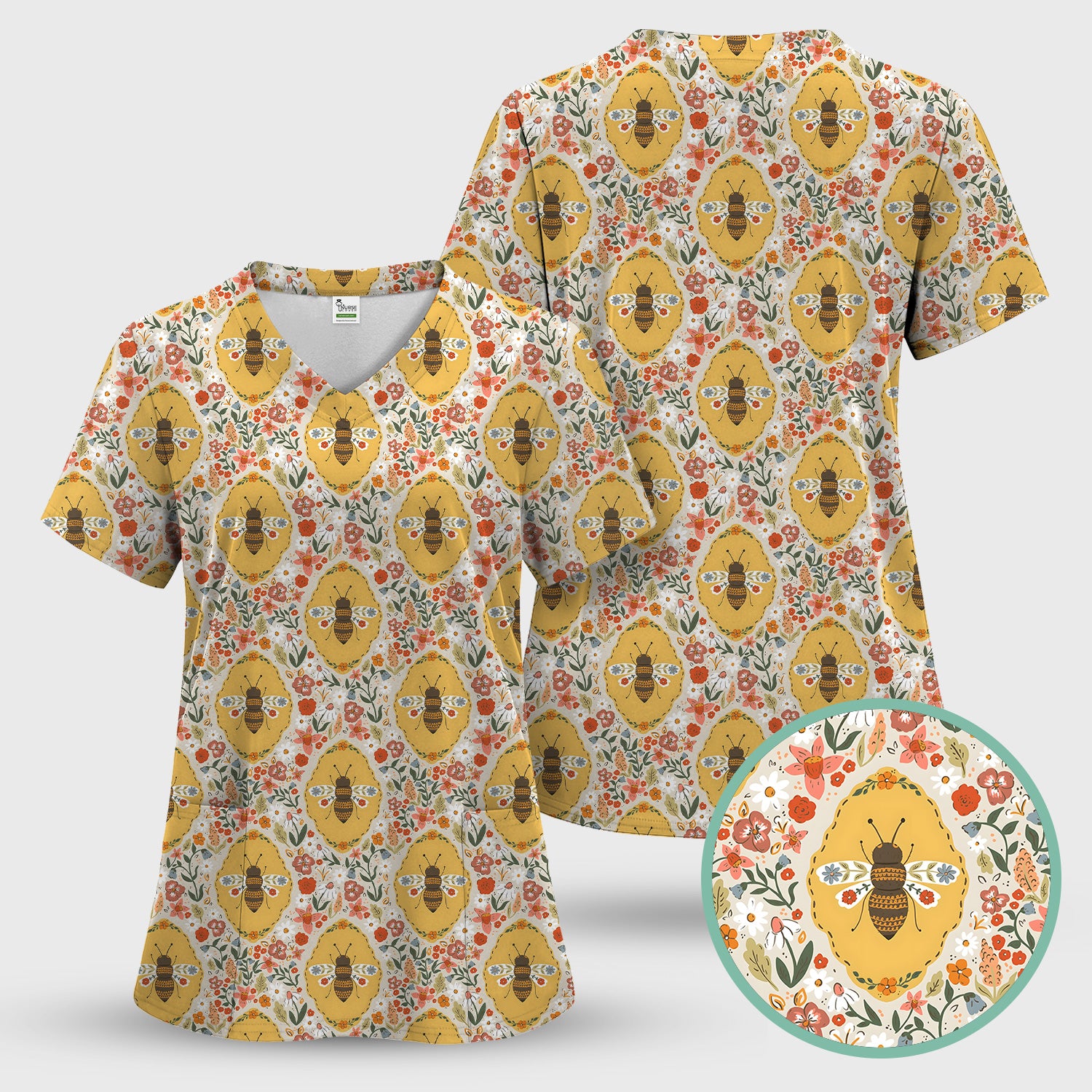 Vintage Honeybee Floral Garden Pattern Nurse Scrub Set, Scrub Pants and V Neck Top