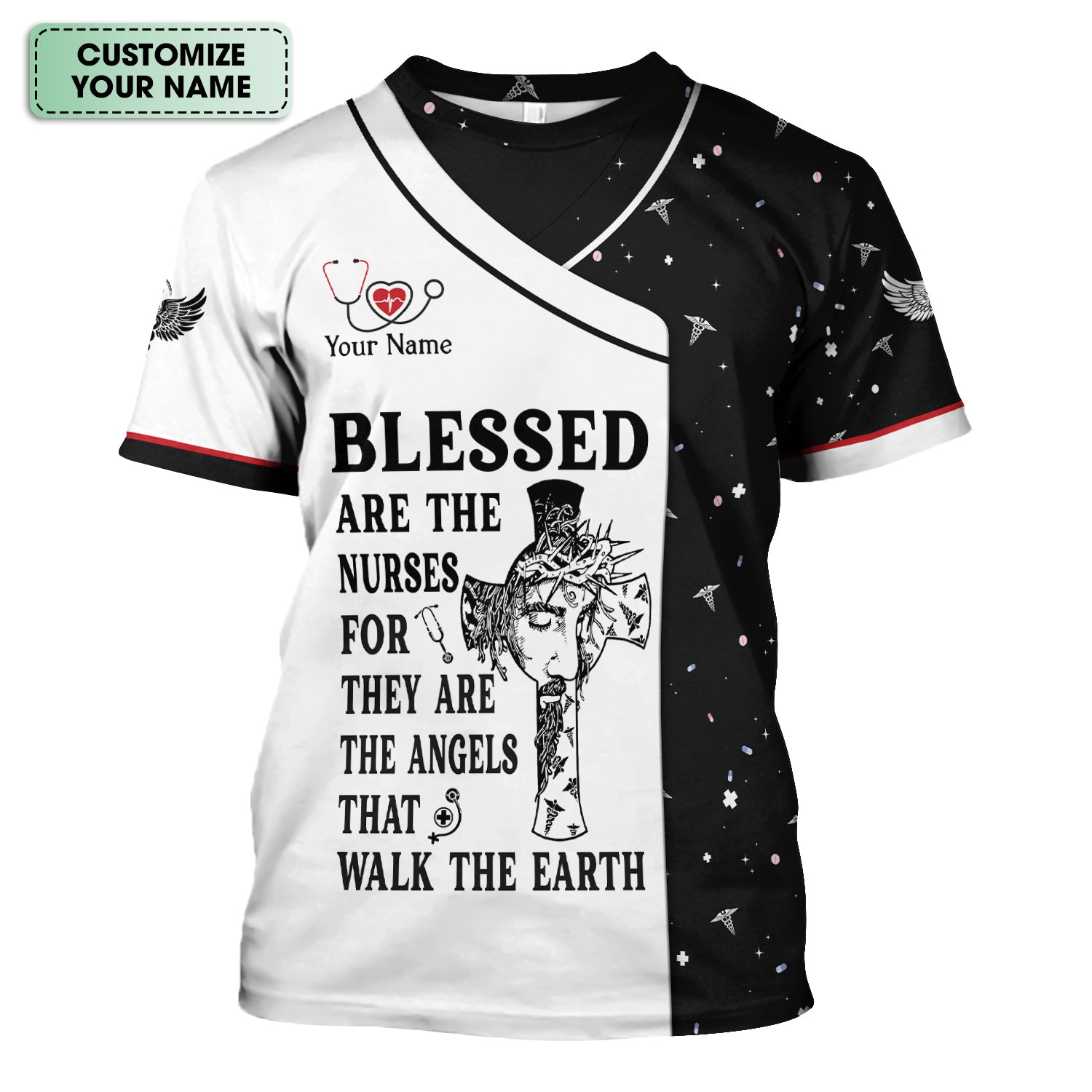 Personalized Christian Nurse Scrub Top - Jesus Cross & Angels That Walk The Earth Quote - Gift for Women RN LPN