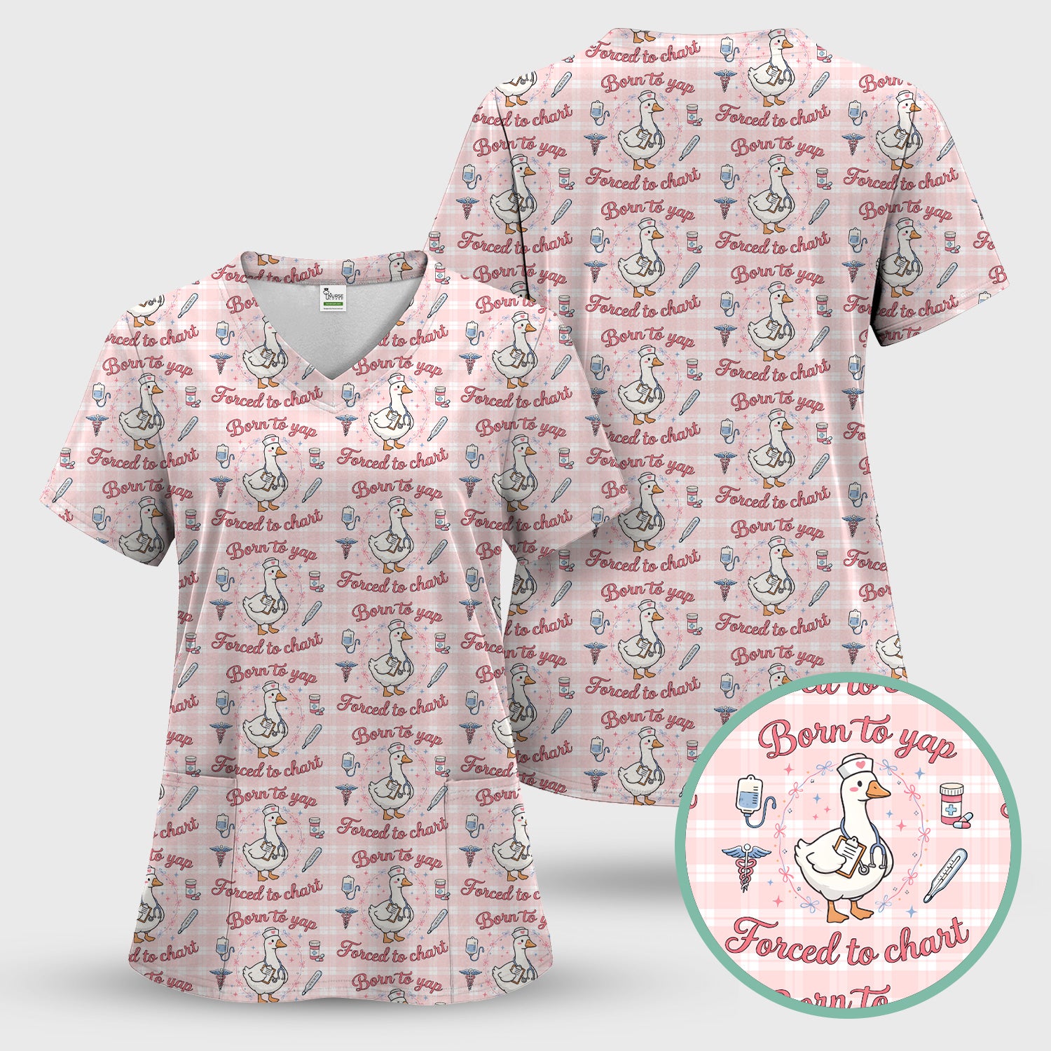 Funny Nurse Goose, Born To Yap Forced To Chart Pattern Scrub Top, Comfortable Scrubs for Nurses
