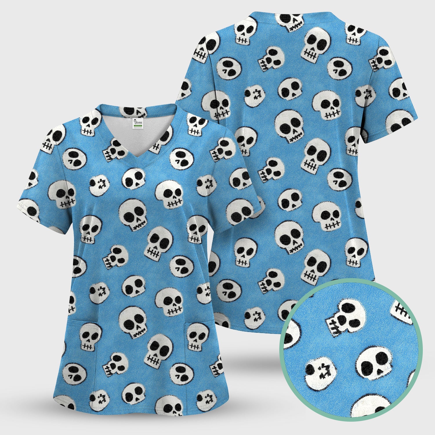 Blue Skull Halloween Pattern Scrub Set, Scrub Pants and V Neck Top