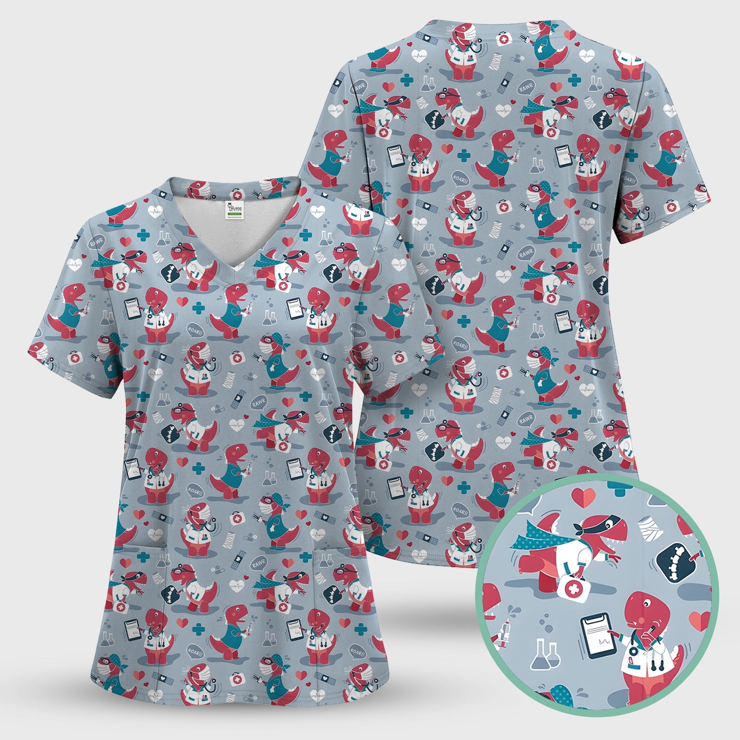 Cute Dinosaur Doctor Medical Pattern Scrub Top, Breathable Fabrics Nursing Uniform