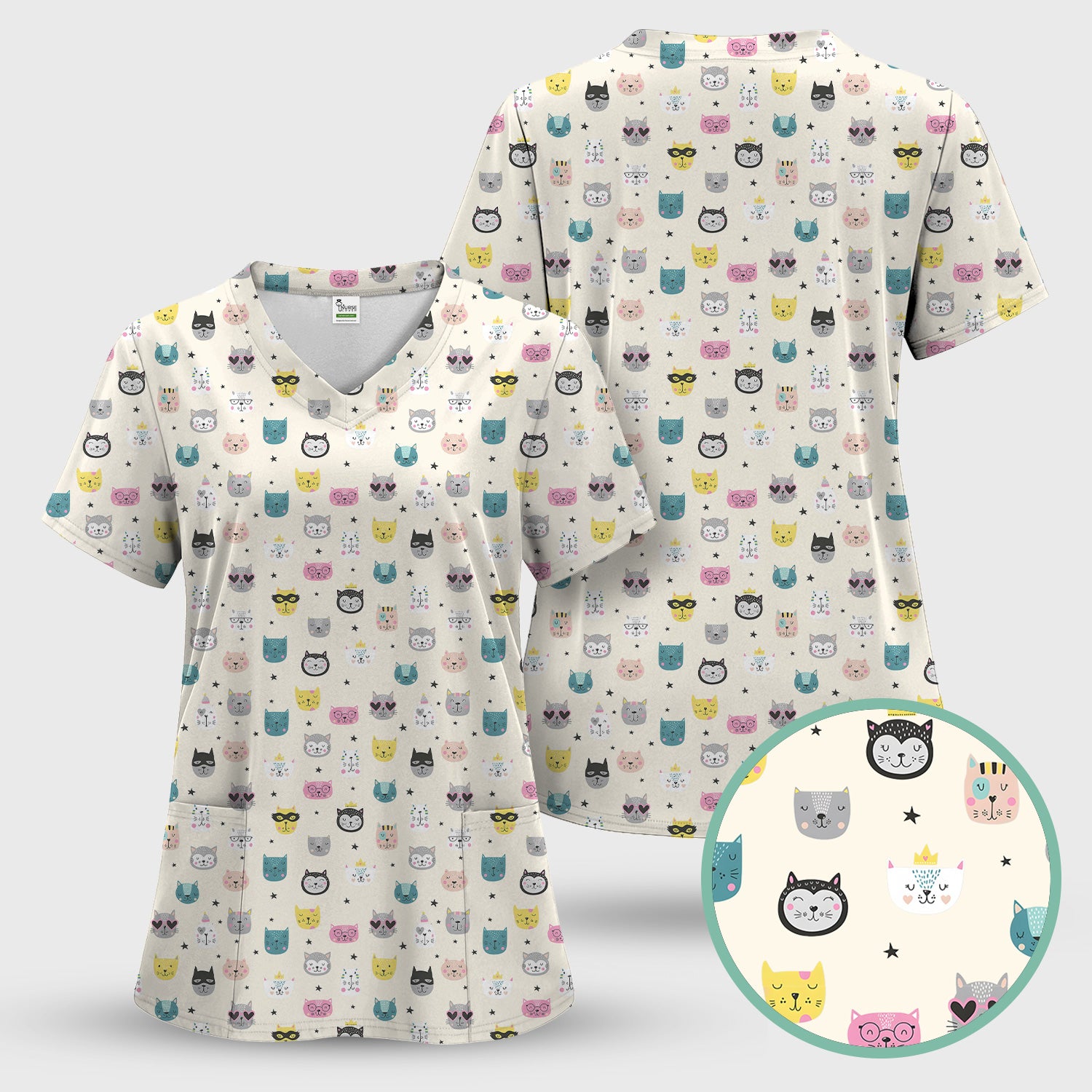 Cute Colorful Cat Pattern Scrub Top, Comfortable Scrubs for Nurses