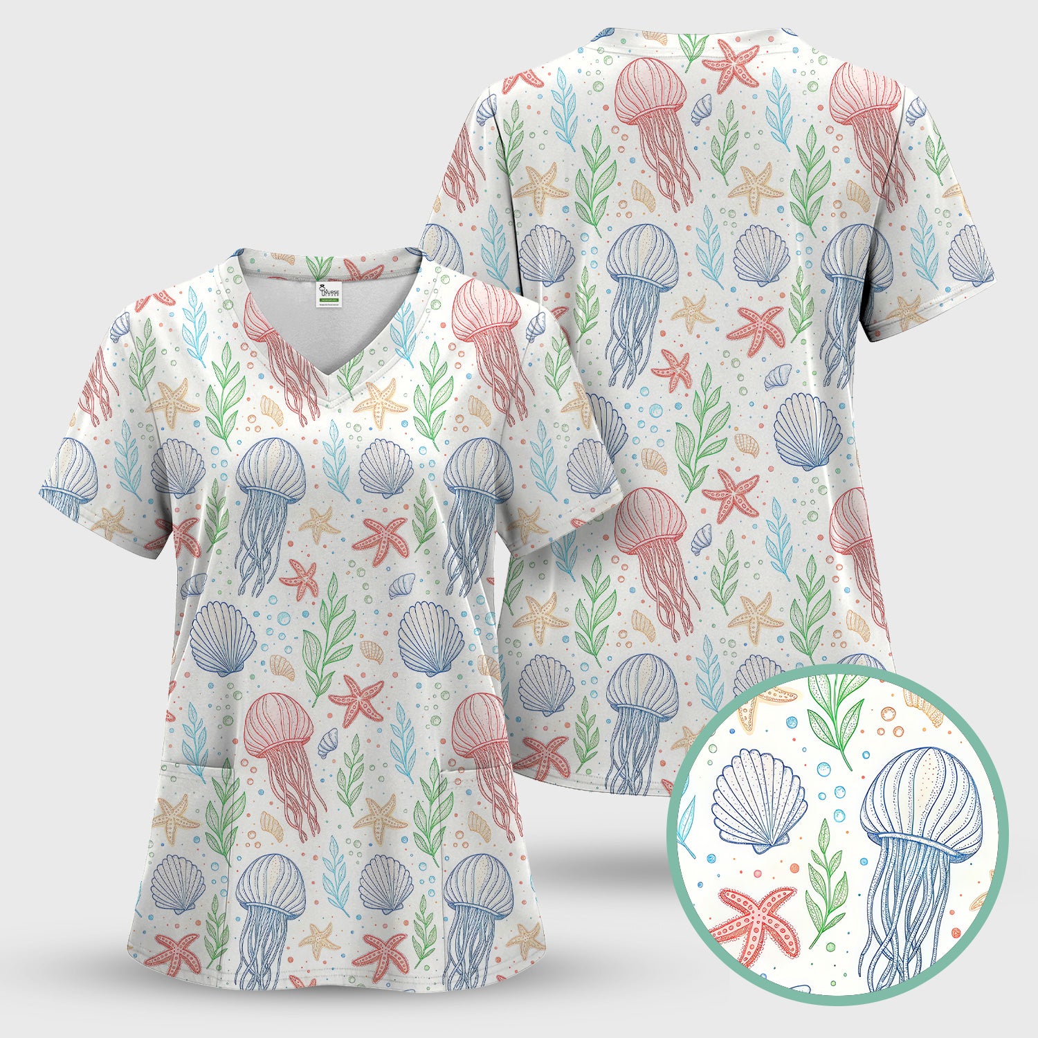 Ocean Jellyfish Starfish Seashell Pattern Scrubs Top, Comfortable Scrubs for Nurses
