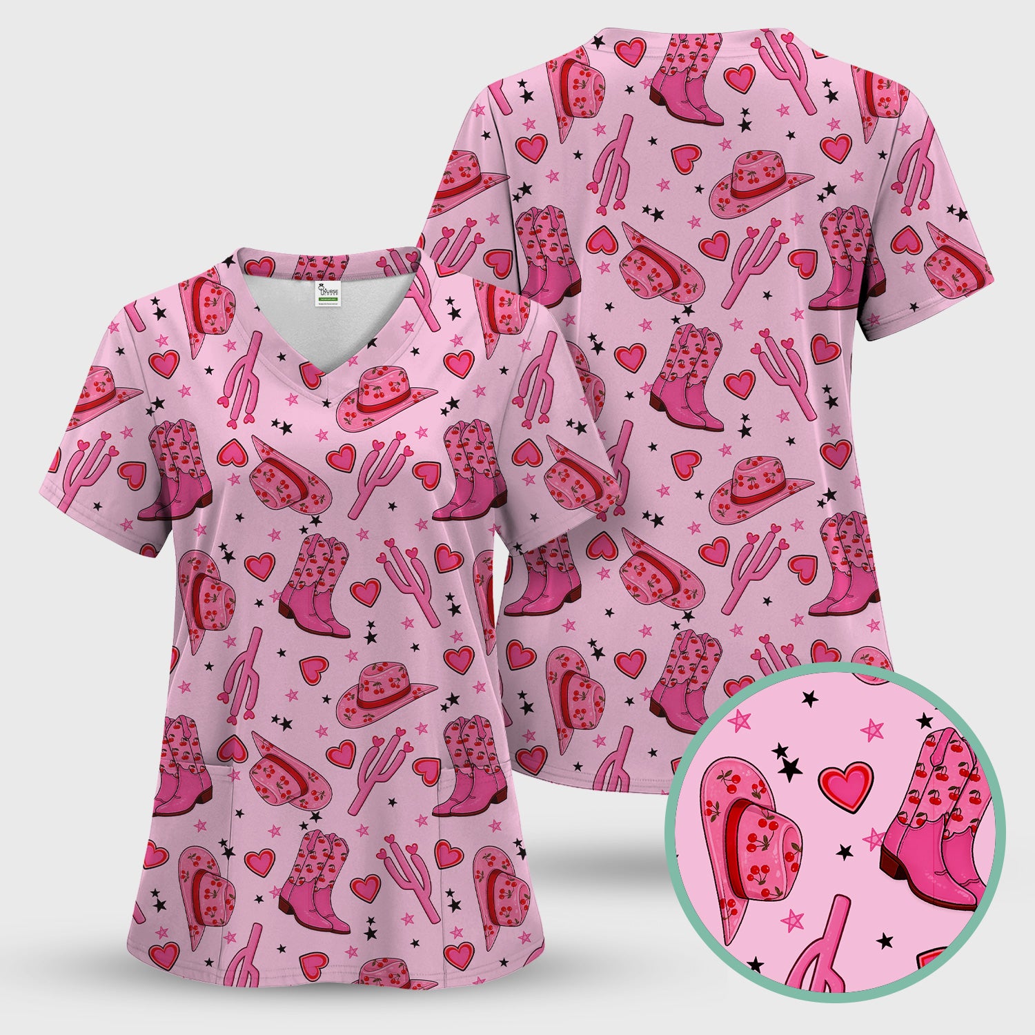 Pink Cowgirl Western Boots Hat Pattern Scrub Top, Breathable Medical Uniform Top