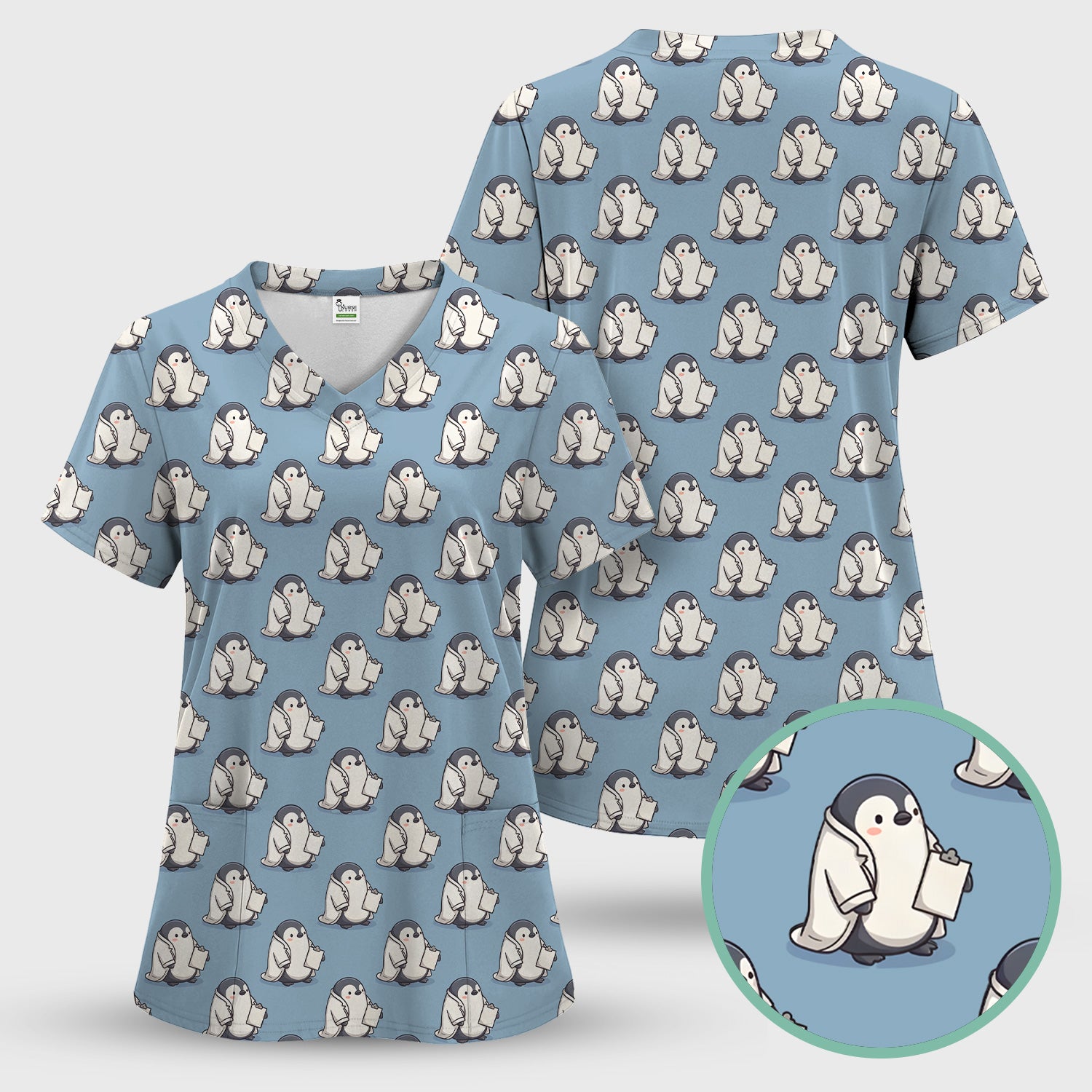 Penguin Nurse Medical Pattern Scrub Set, Scrub Pants and V Neck Top