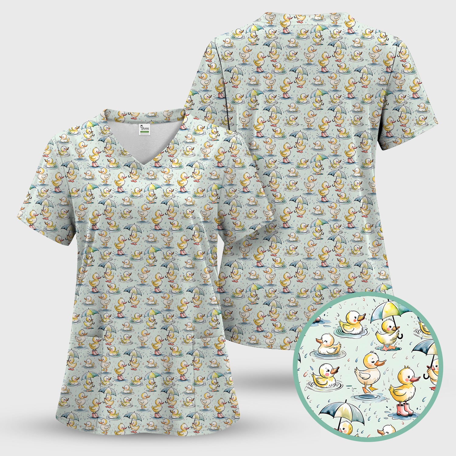 Playful Duck Rain Umbrella Print Nurse Scrub Top, Breathable Fabrics Nursing Uniform