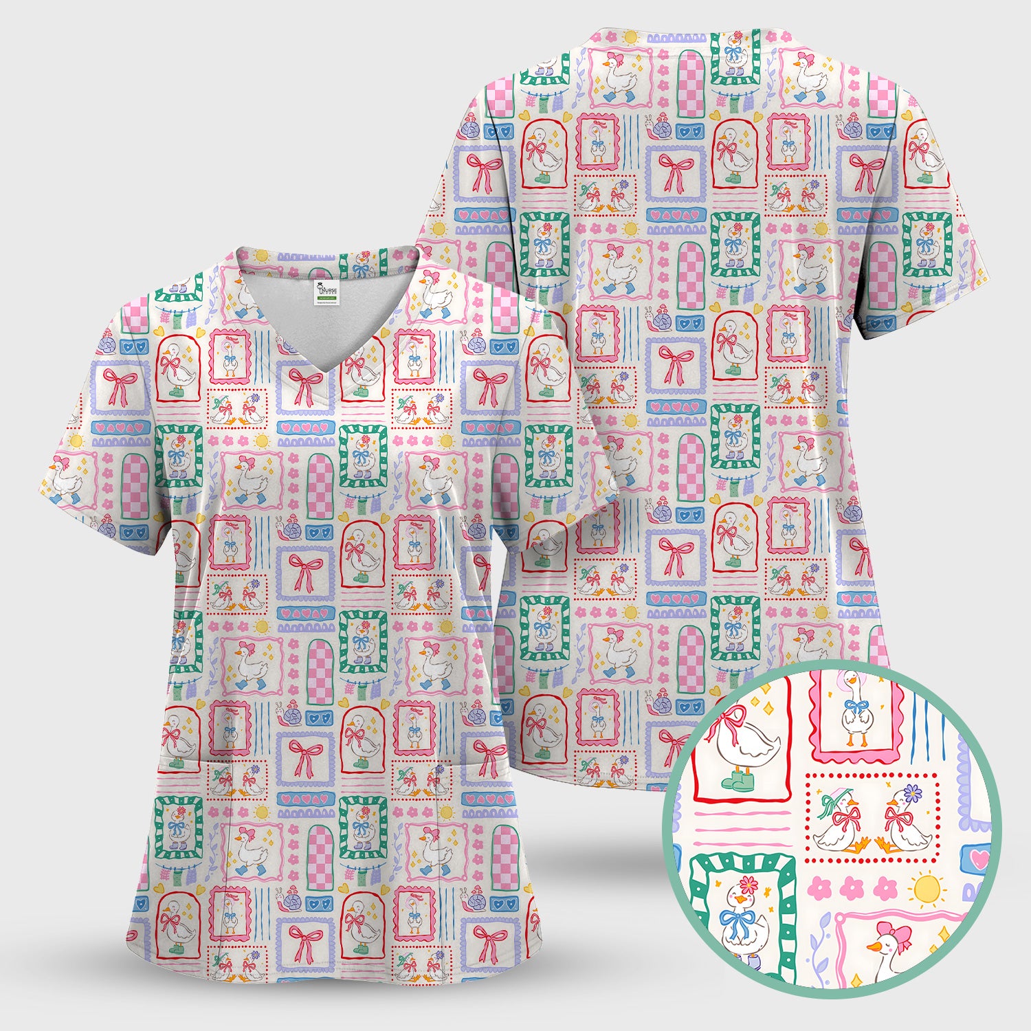 Adorable Nurse Goose Ribbon Patchwork Frame Pattern Scrub Top, Comfortable Scrubs for Nurses