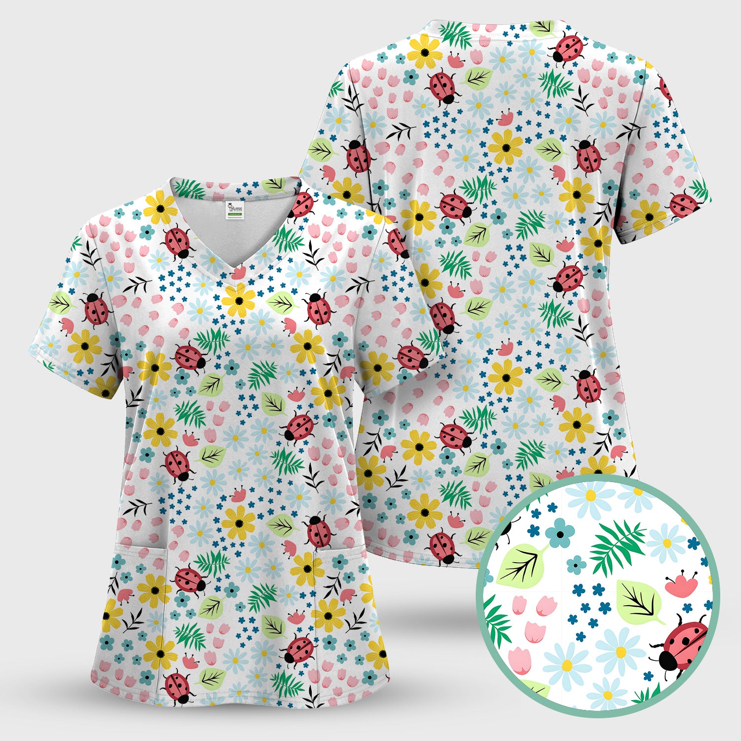 Cute Ladybug Floral Garden Print Scrub Top, Comfortable Scrubs for Nurses