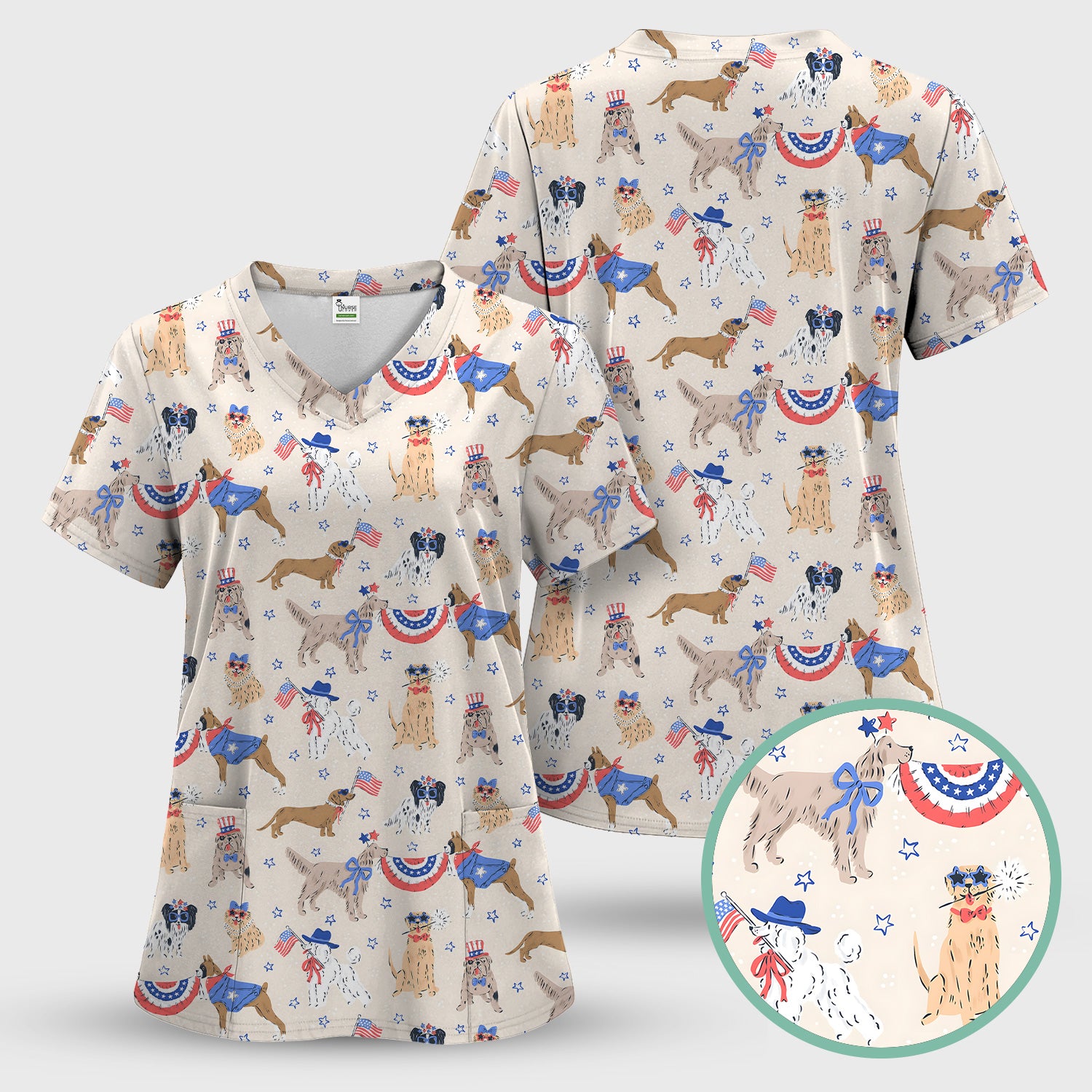 Patriotic Dog Parade Pattern Scrub Set, Scrub Pants and V Neck Top