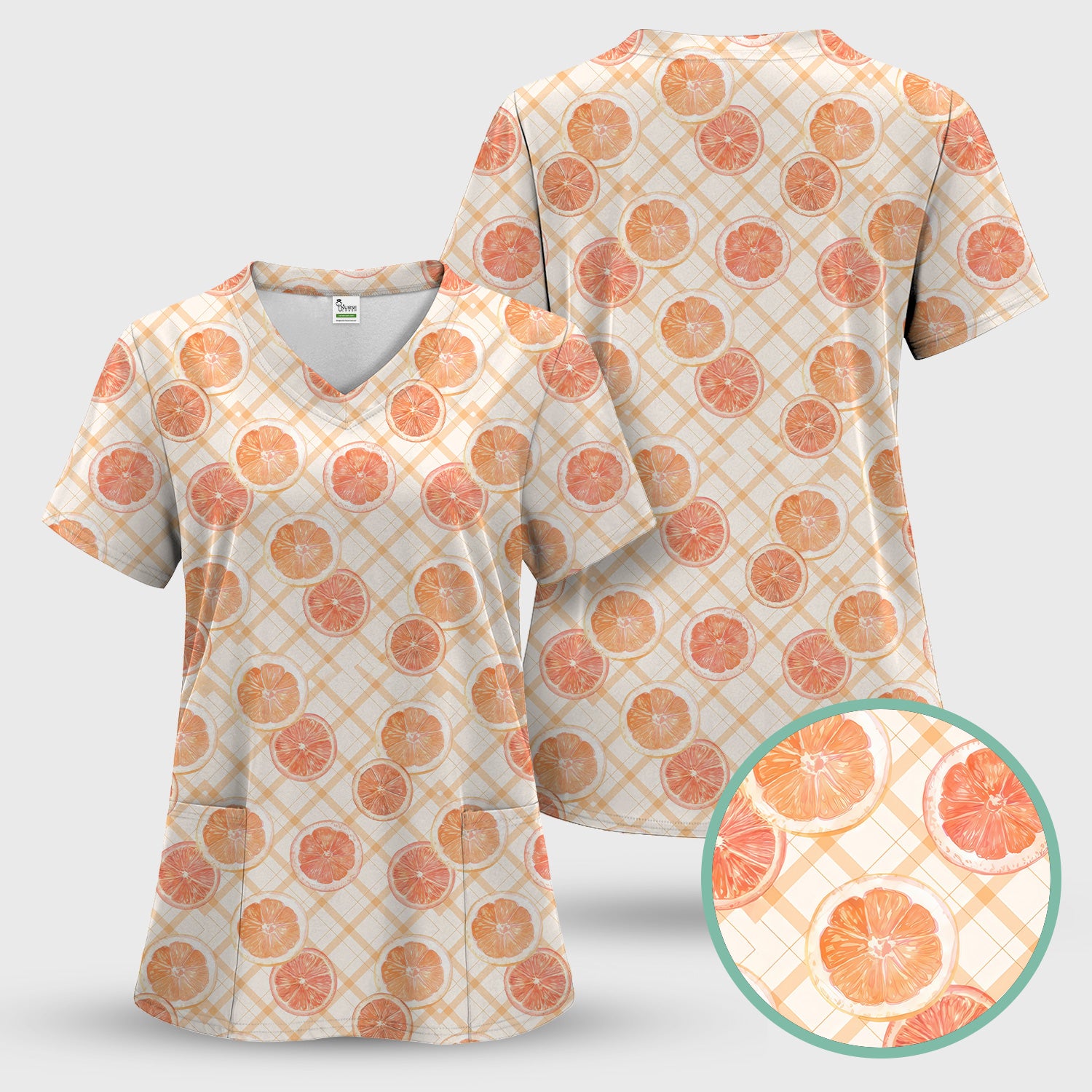 Fresh Grapefruit Slice Summer Fruit Pattern Scrub Sets, Scrub Pants and V Neck Top