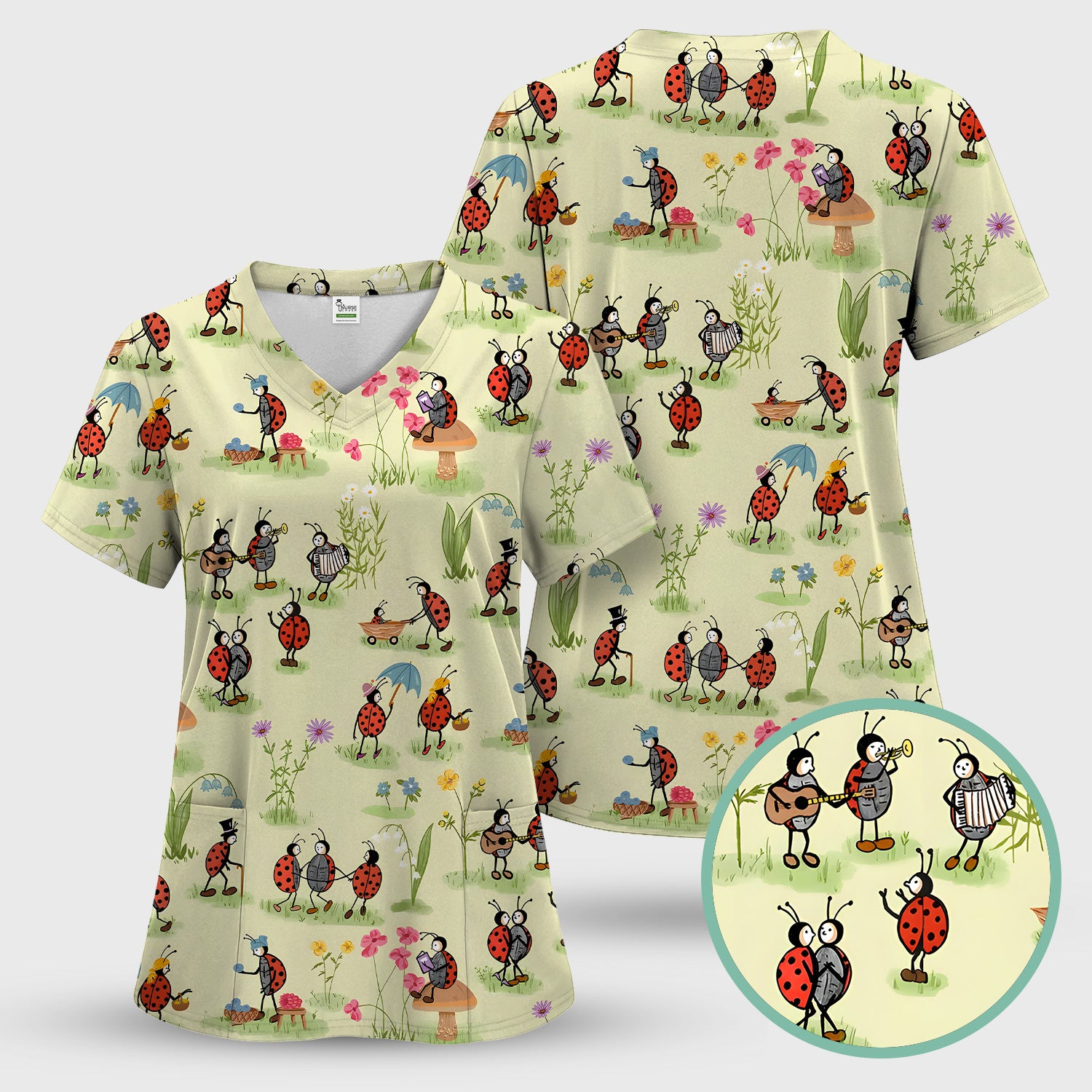 Whimsical Ladybug Garden Activity Pattern Scrub Set, Scrub Pants and V Neck Top