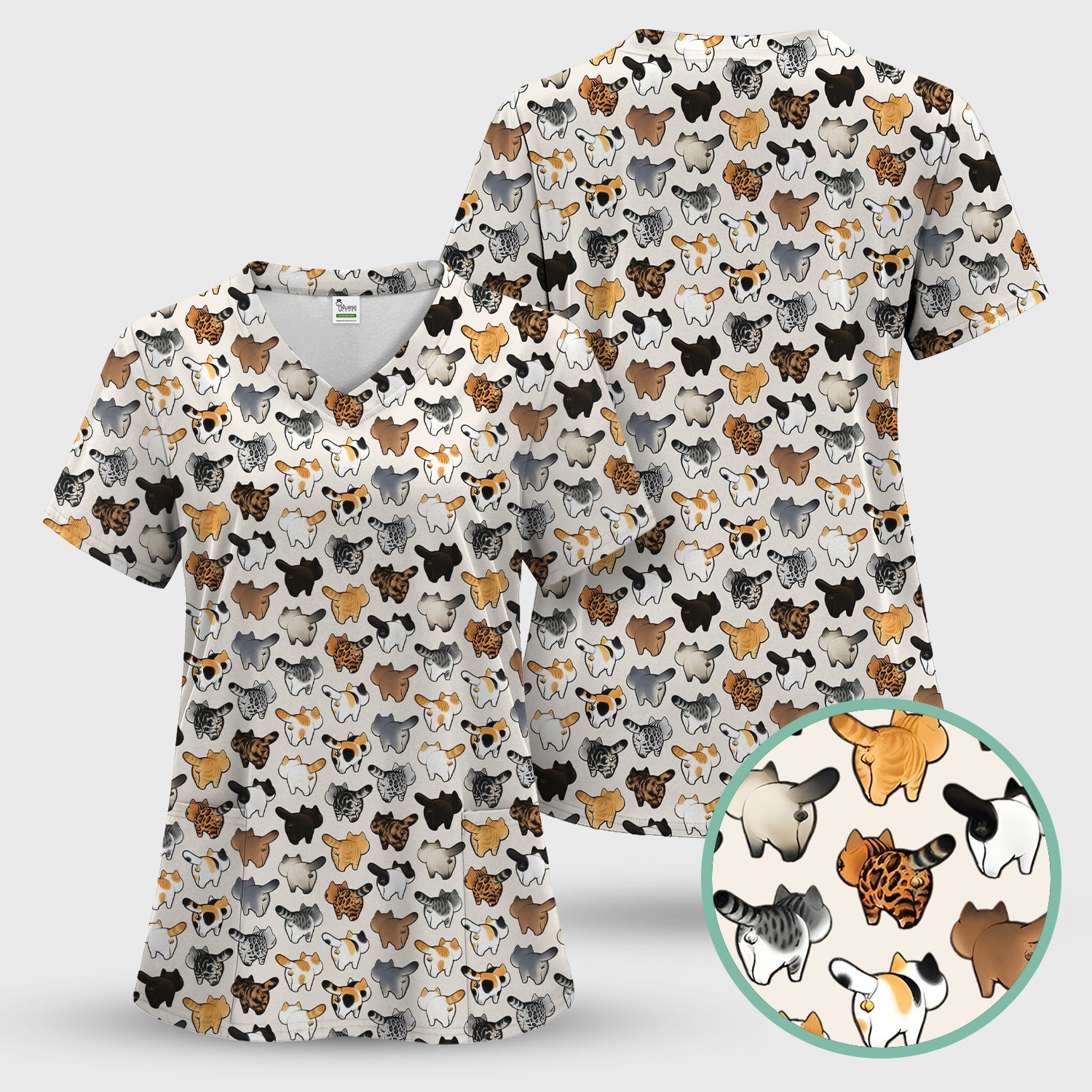 Cat Butt Pattern Medical Scrub Top, Breathable Fabrics Nursing Uniform