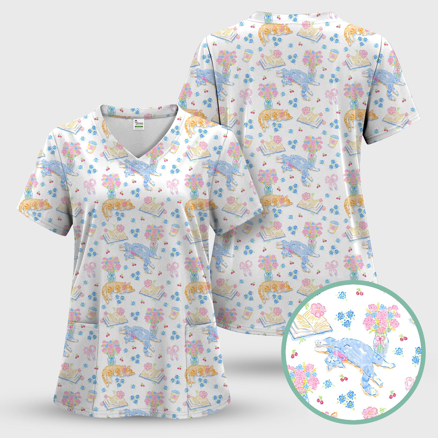 Cute Cats Reading Floral Books Pattern Scrub Top, Comfortable Scrubs for Nurses
