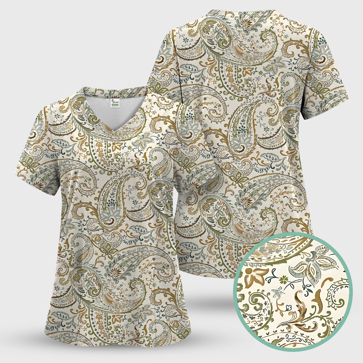 Elegant Sage Green Vintage Paisley Floral Vine Pattern Scrub Set, Scrub Pants and V Neck Top