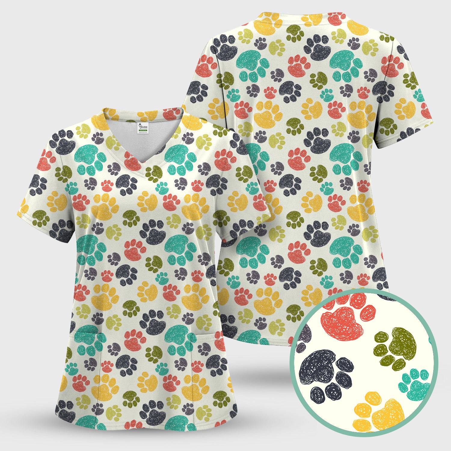 Colorful Paw Print Animal Pattern Scrub Top, Comfortable Scrubs for Nurses