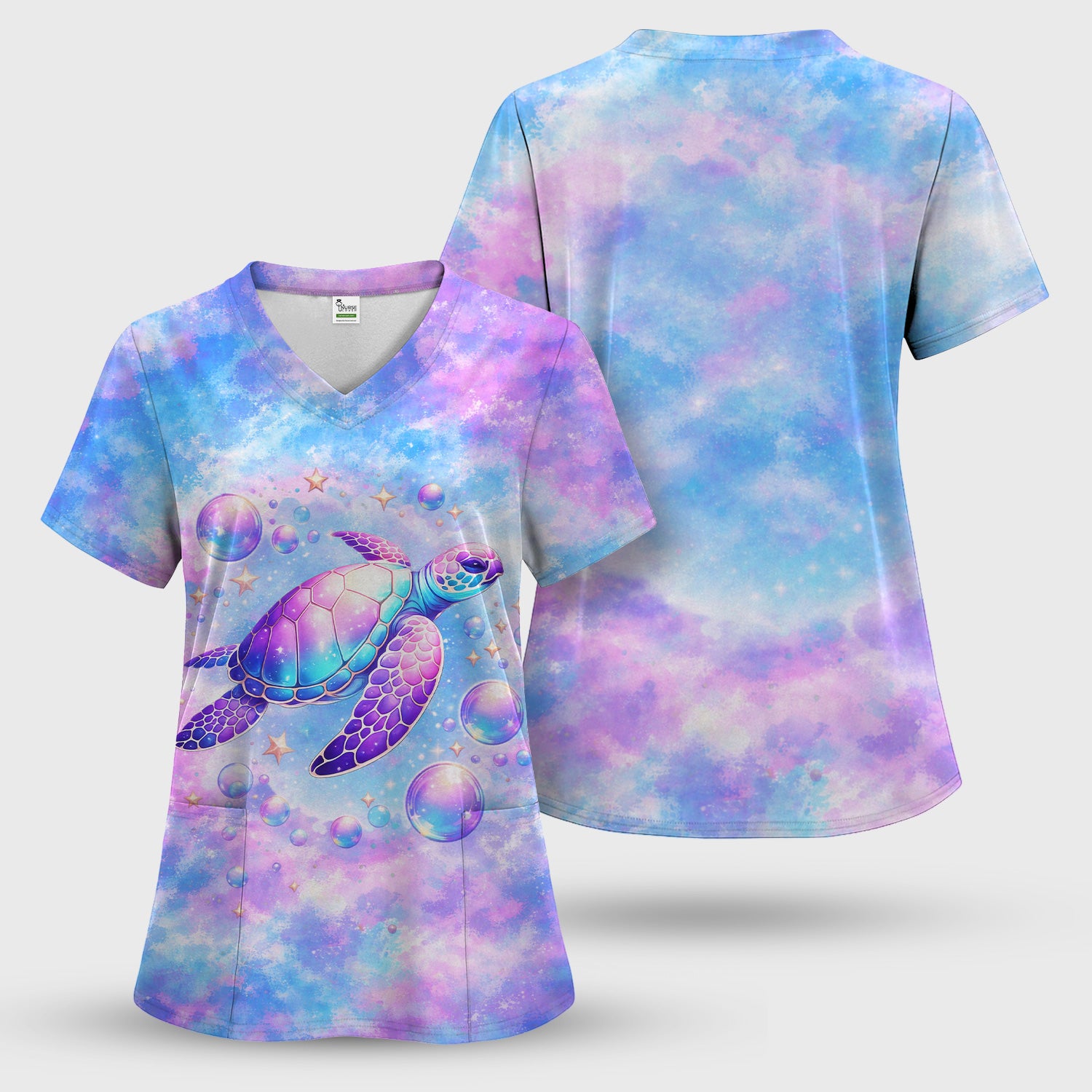 Pastel Galaxy Sea Turtle Bubble Art Scrub Top, Breathable Fabrics Nursing Uniform