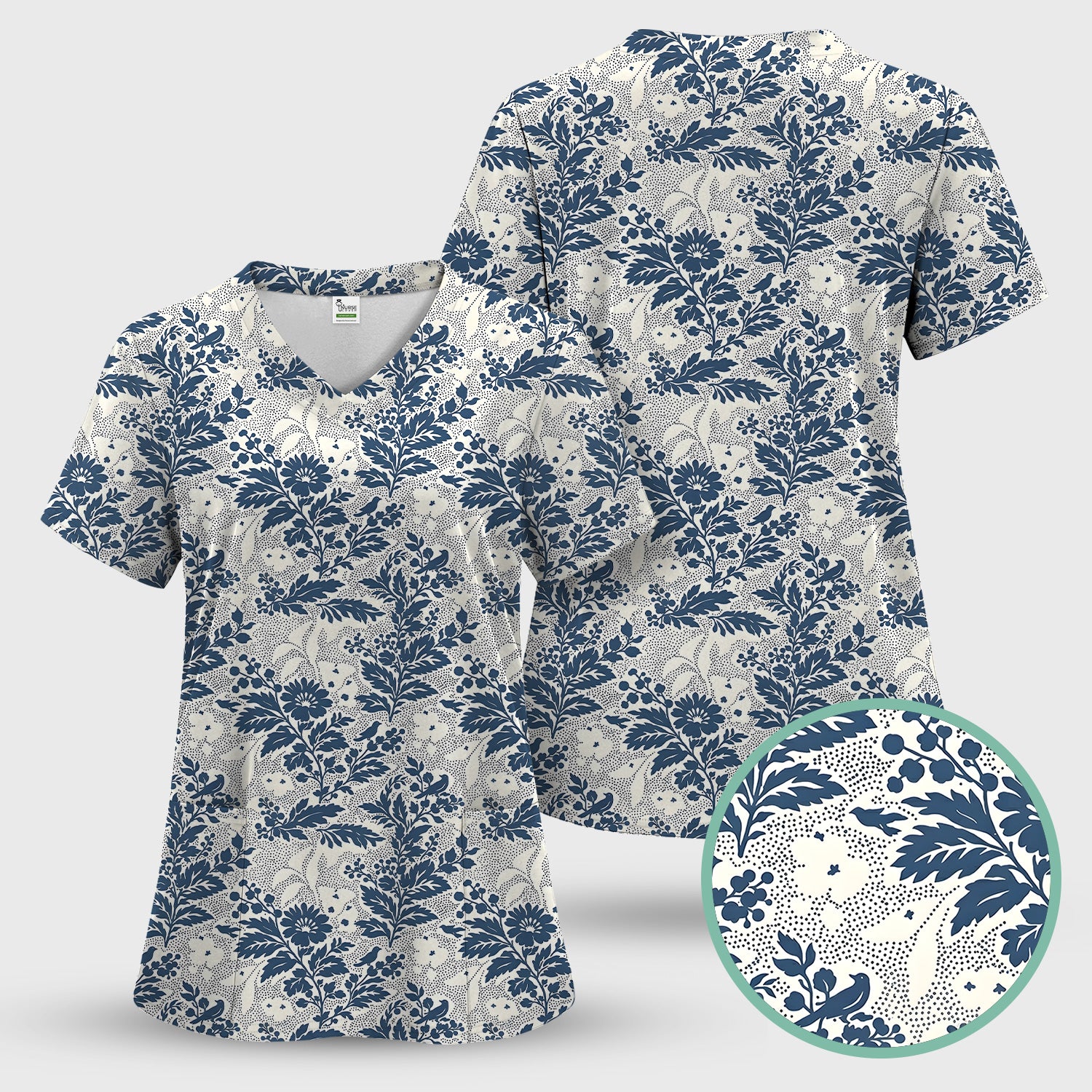 Cute Blue Floral Botanical Nurse Pattern Scrub Set, Scrub Pants and V Neck Top