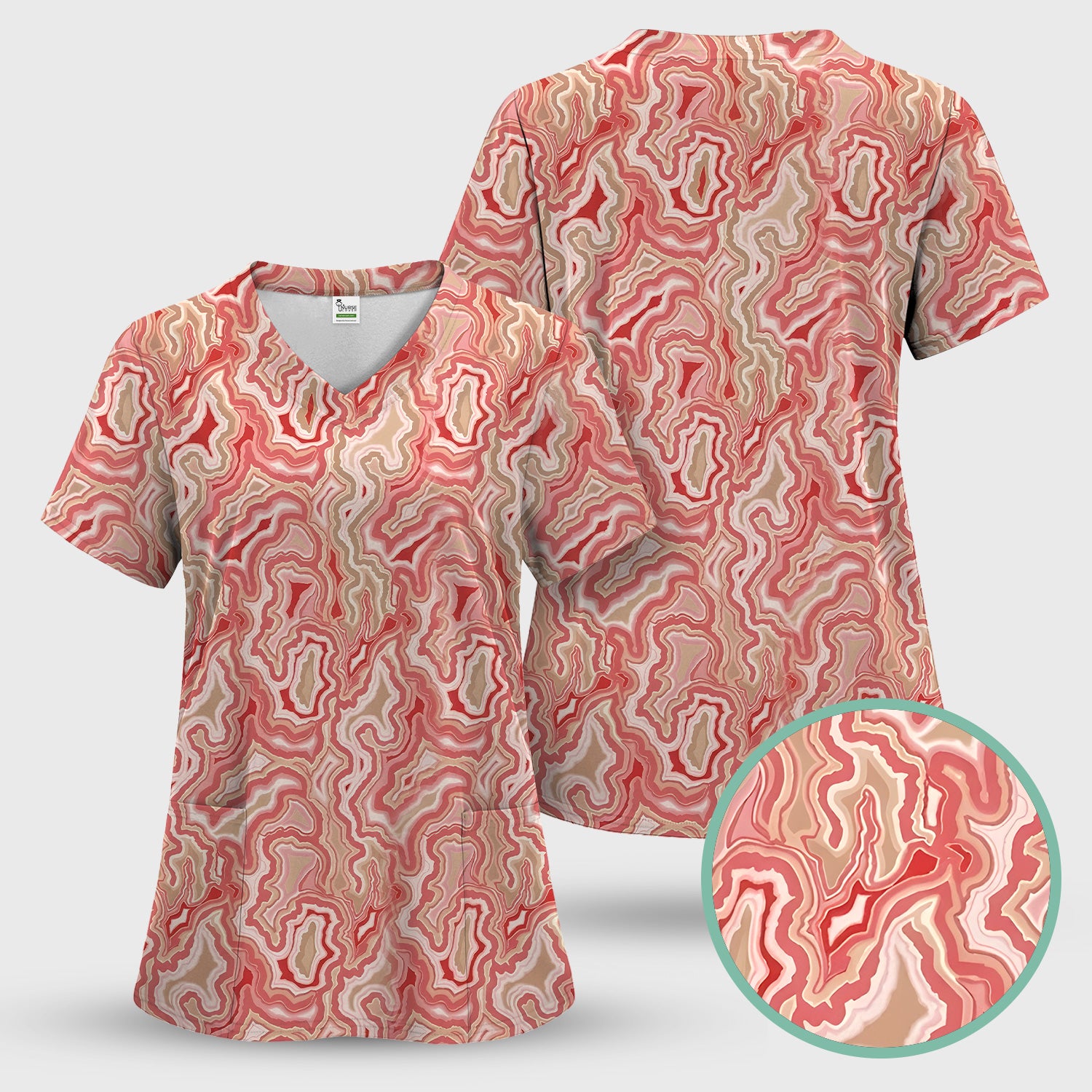 Pink Marble Swirl Abstract Pattern Scrub Set, Scrub Pants and V Neck Top